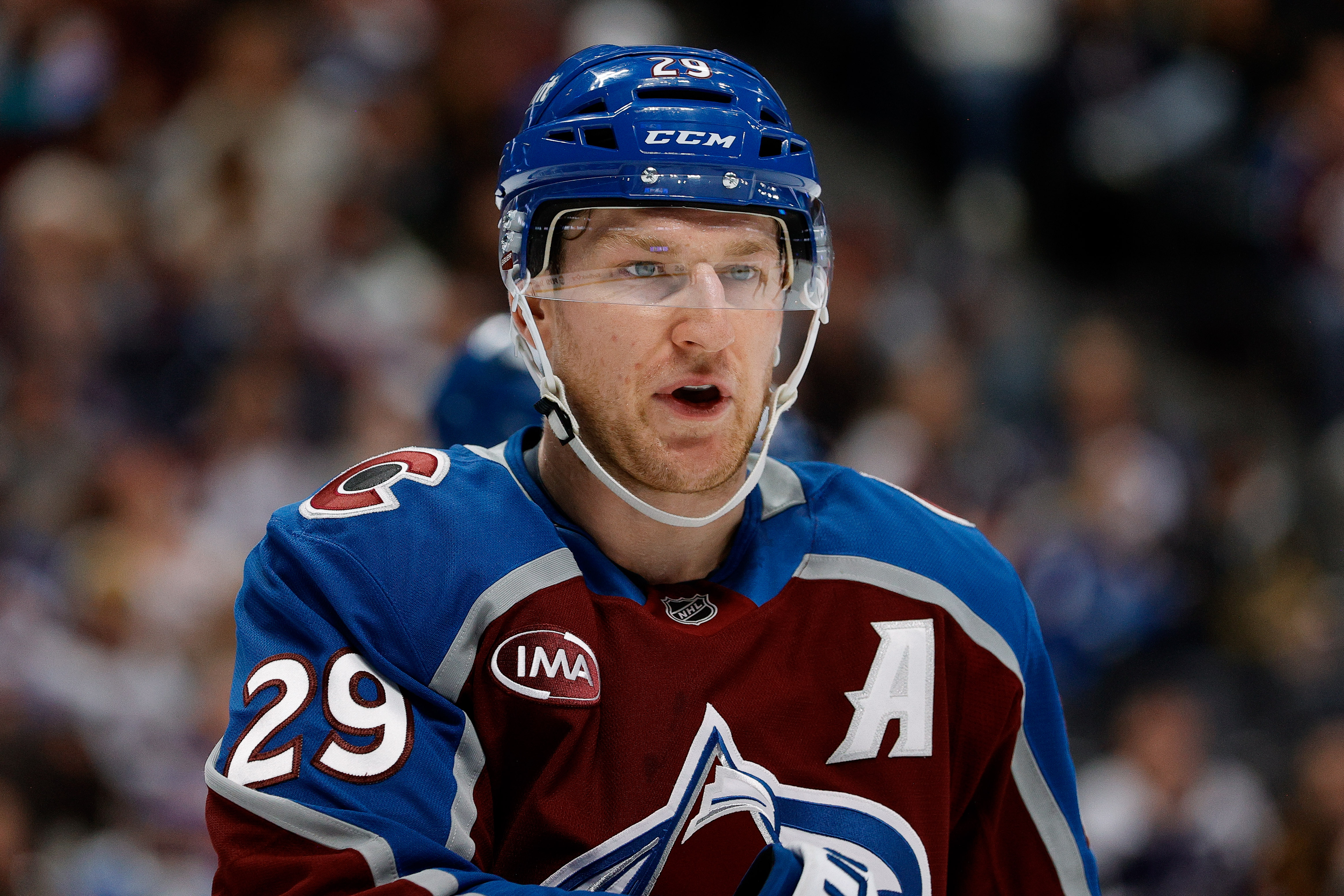 Colorado Avalanche center Nathan MacKinnon (29), seen here during a game, is featured in our NHL anytime goal scorer predictions tonight.