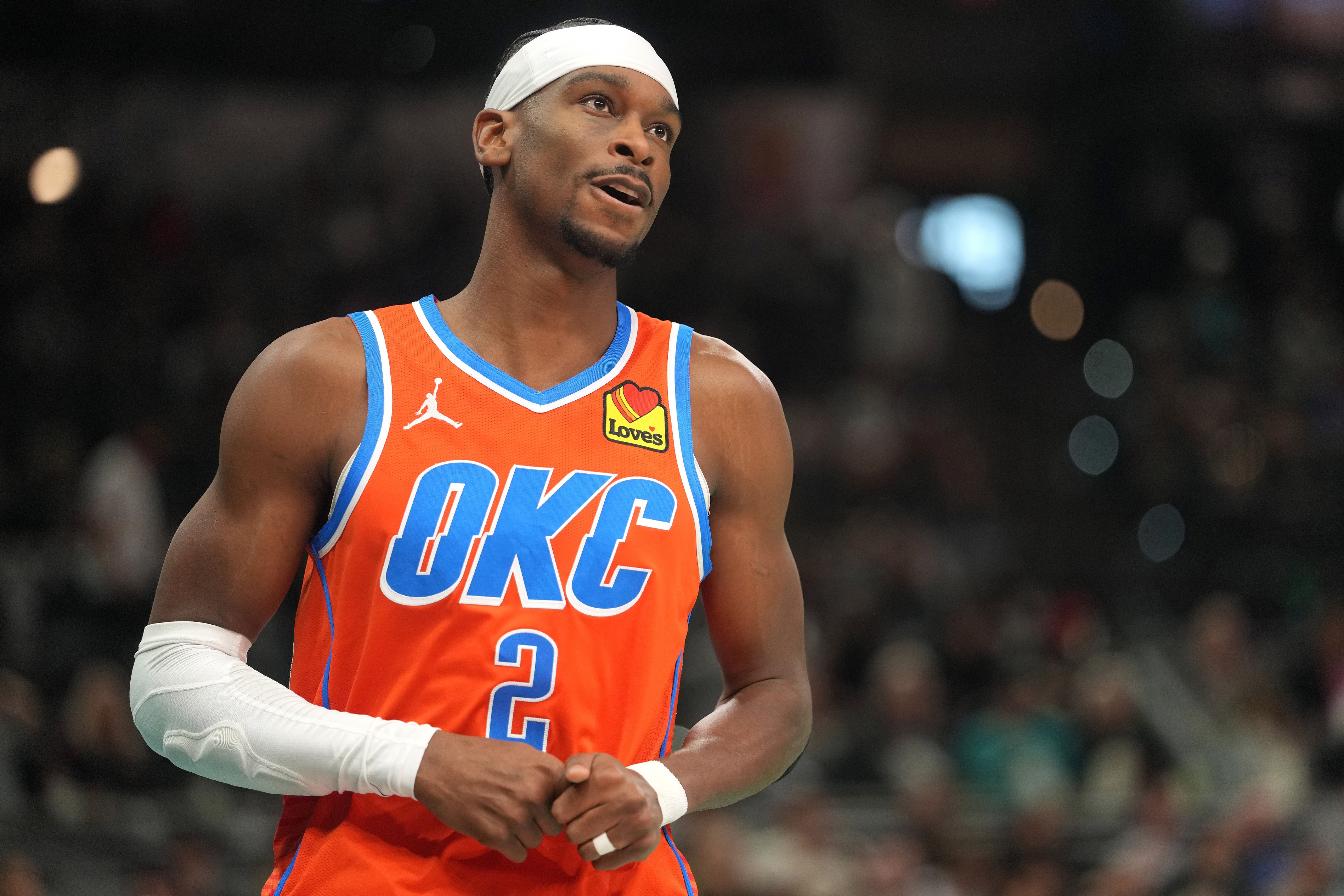 Oklahoma City Thunder guard Shai Gilgeous-Alexander (2) looks on as we break down the NBA MVP odds.