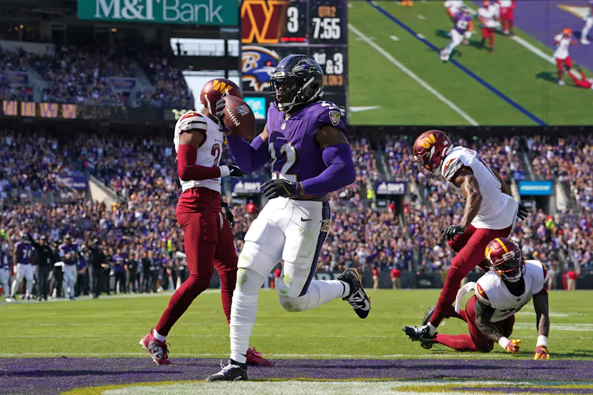 Baltimore Ravens running back Derrick Henry rushes for a second quarter touchdown as we offer our Derrick Henry touchdown props.