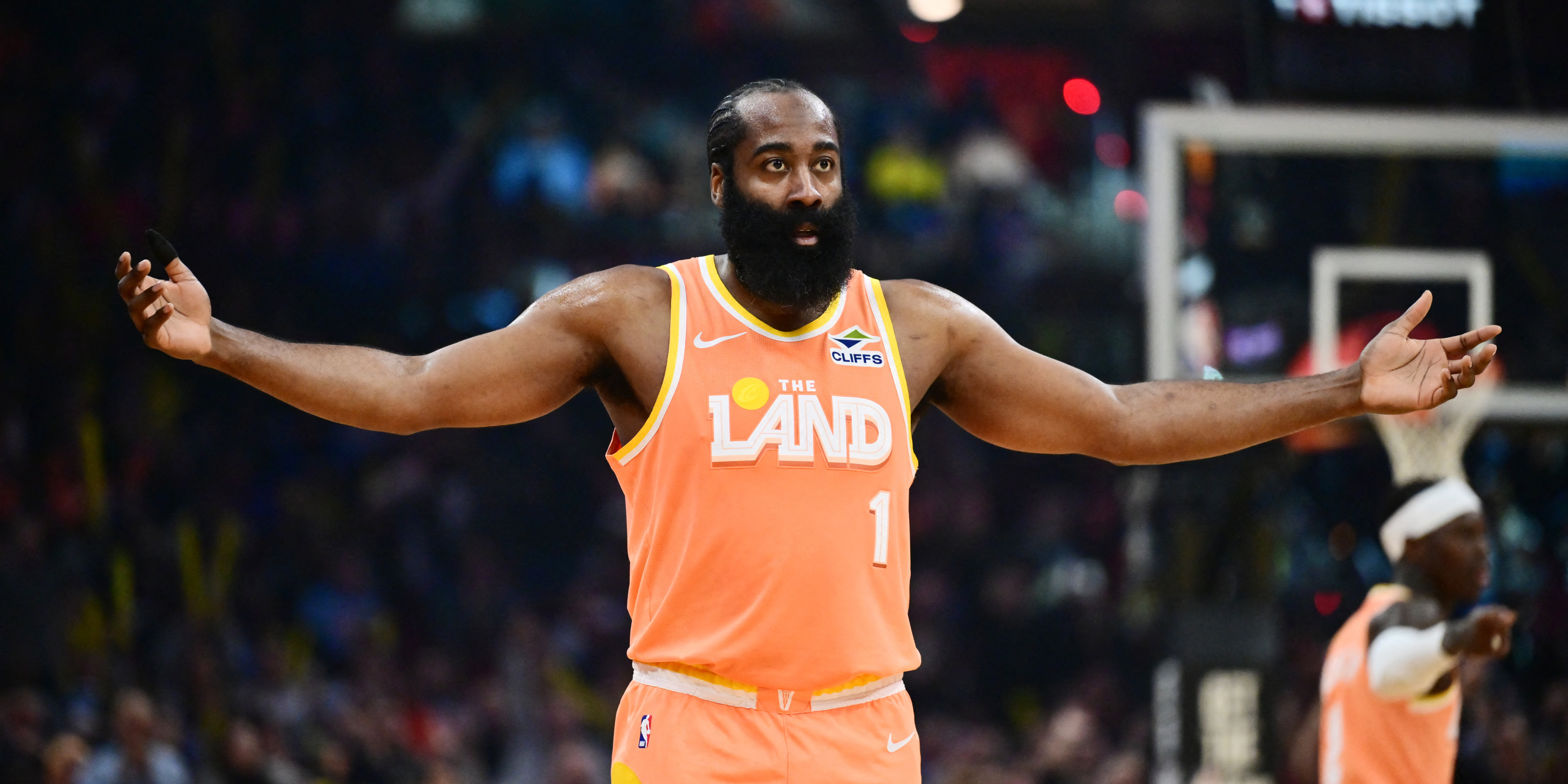 Cleveland Cavaliers guard James Harden (1), seen here celebrating after a 3-pointer, is featured in our Cavaliers vs. Magic player props tonight.