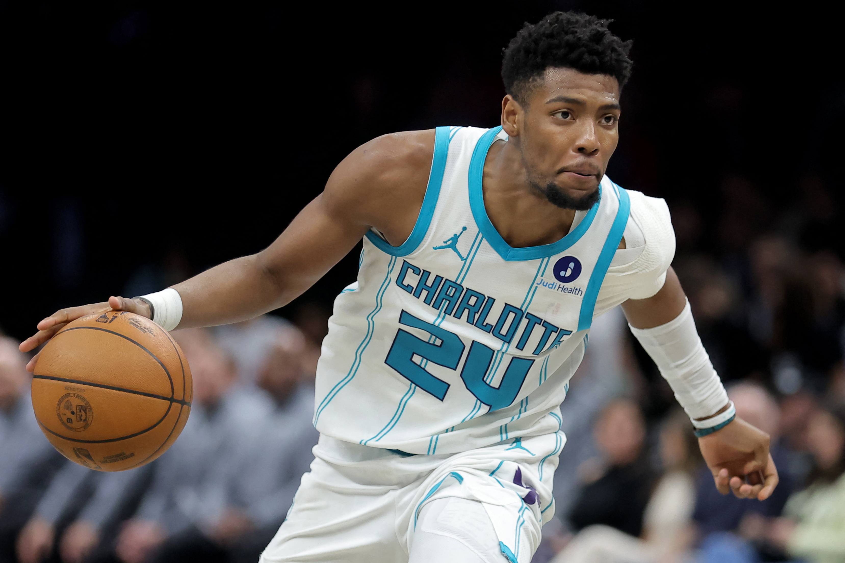 Charlotte Hornets forward Brandon Miller (24) brings the ball up the court as we break down the 2026-27 NBA Most Improved Player odds.