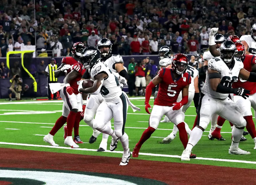 Miles Sanders of the Philadelphia Eagles runs for a touchdown against the Houston Texans at NRG Stadium on Nov. 03, 2022 in Houston, Texas.