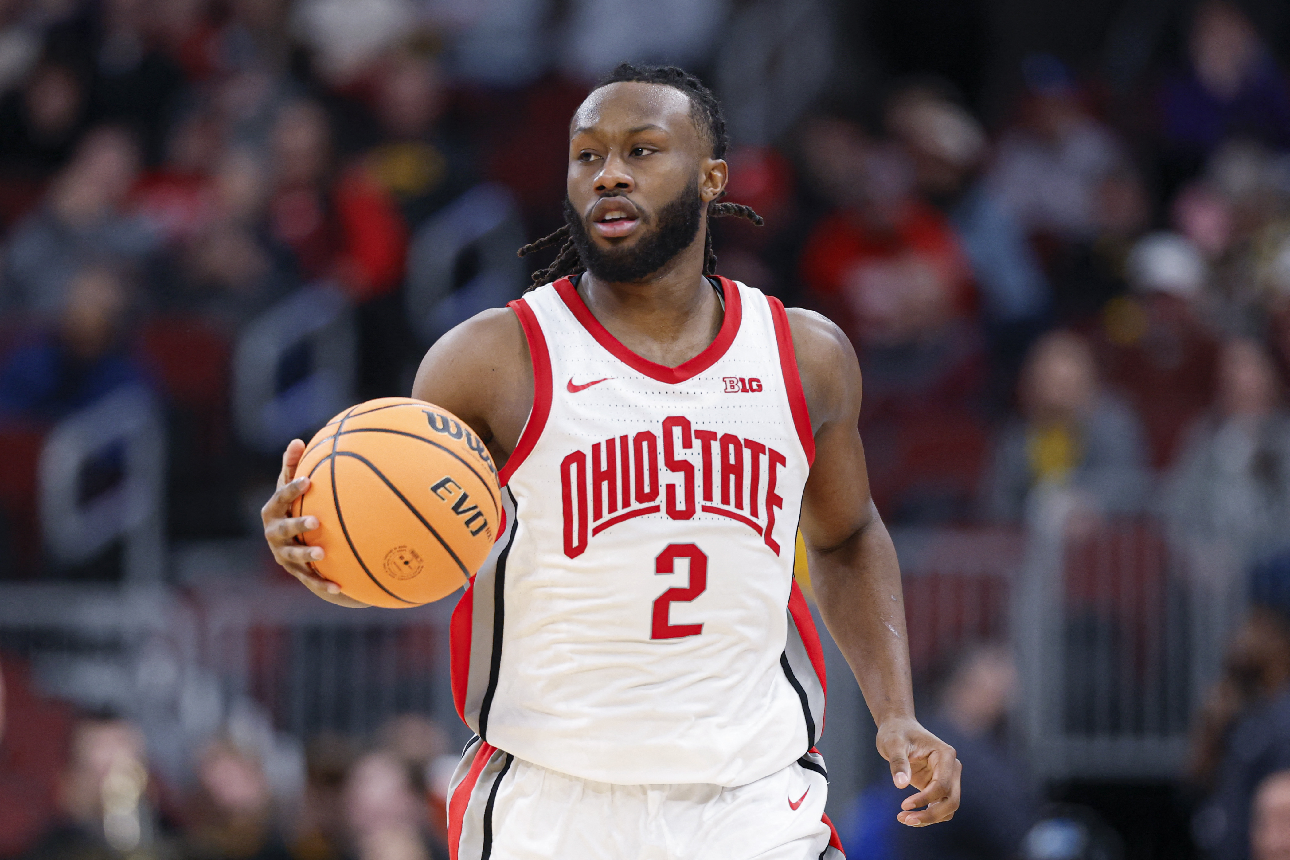 Ohio State Buckeyes guard Bruce Thornton (2), seen here bringing the ball up the court, is featured in our TCU vs. Ohio State prediction.