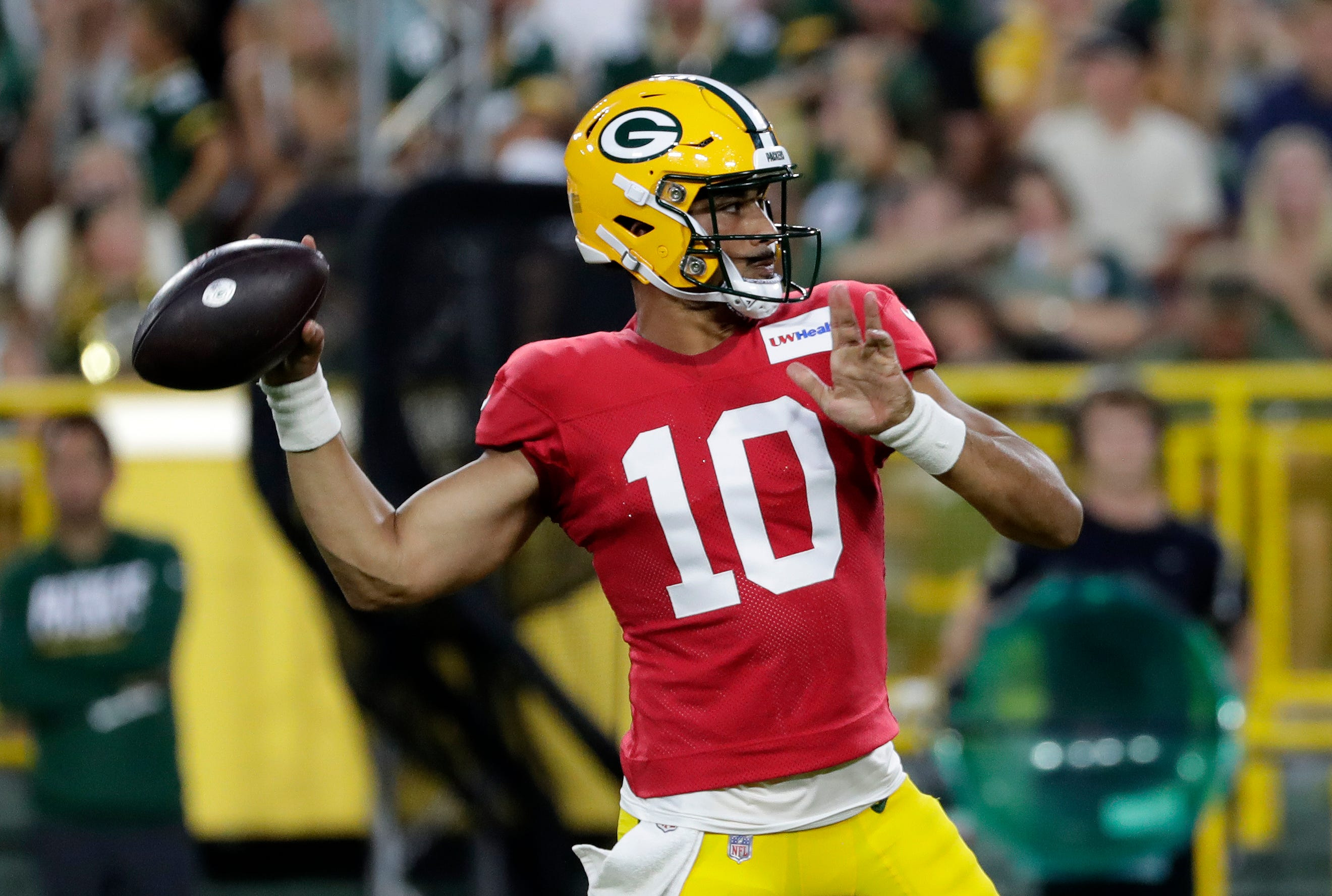 Green Bay Packers quarterback Jordan Love (10) passes the ball as we break down our Packers vs. Steelers prediction.