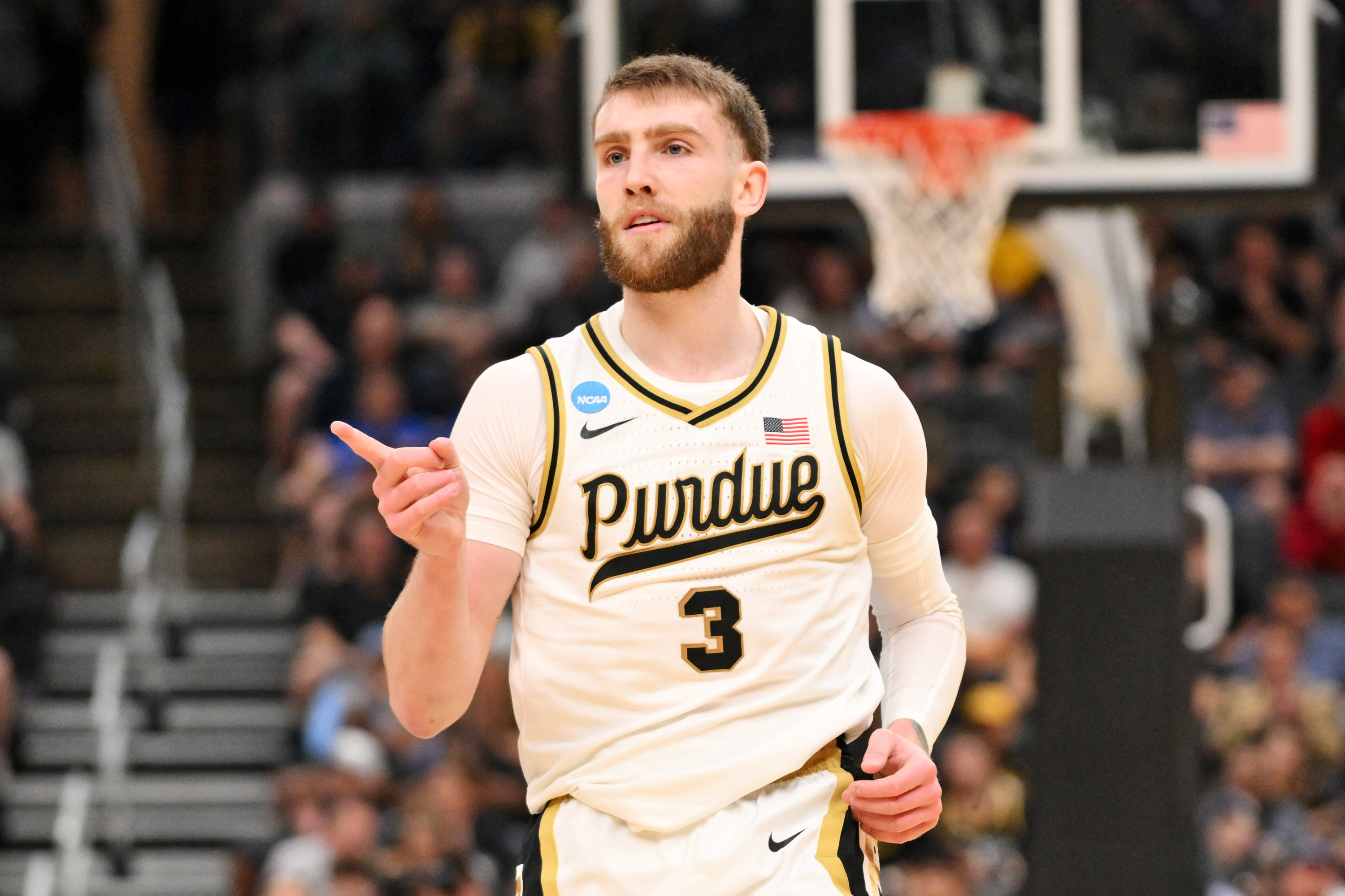 Purdue Boilermakers guard Braden Smith (3), seen here reacting after a play, is featured in our Miami vs. Purdue prediction.