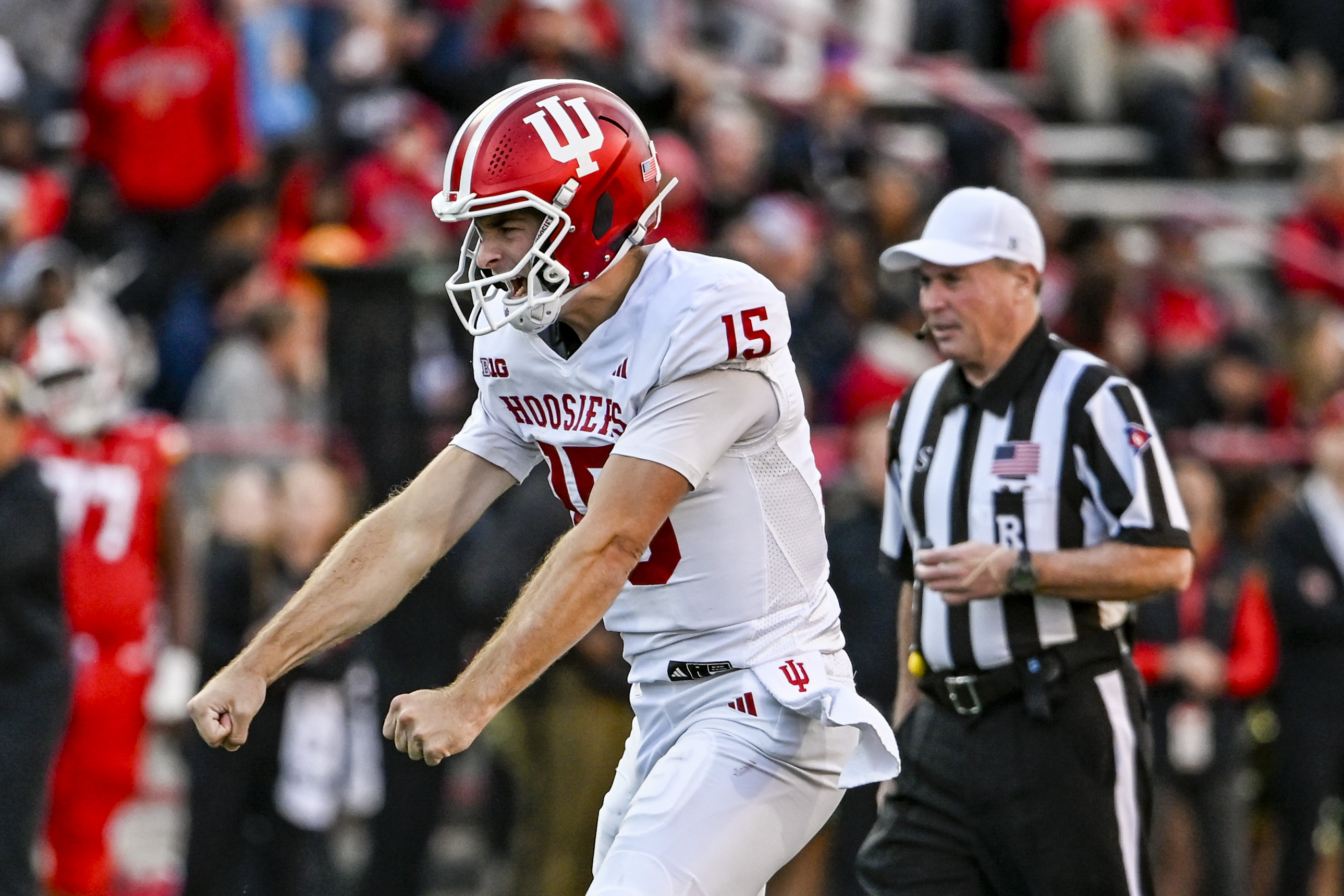 Indiana Hoosiers quarterback Fernando Mendoza (15) celebrates as we break down our Alabama vs. Indiana predictions for the Rose Bowl.