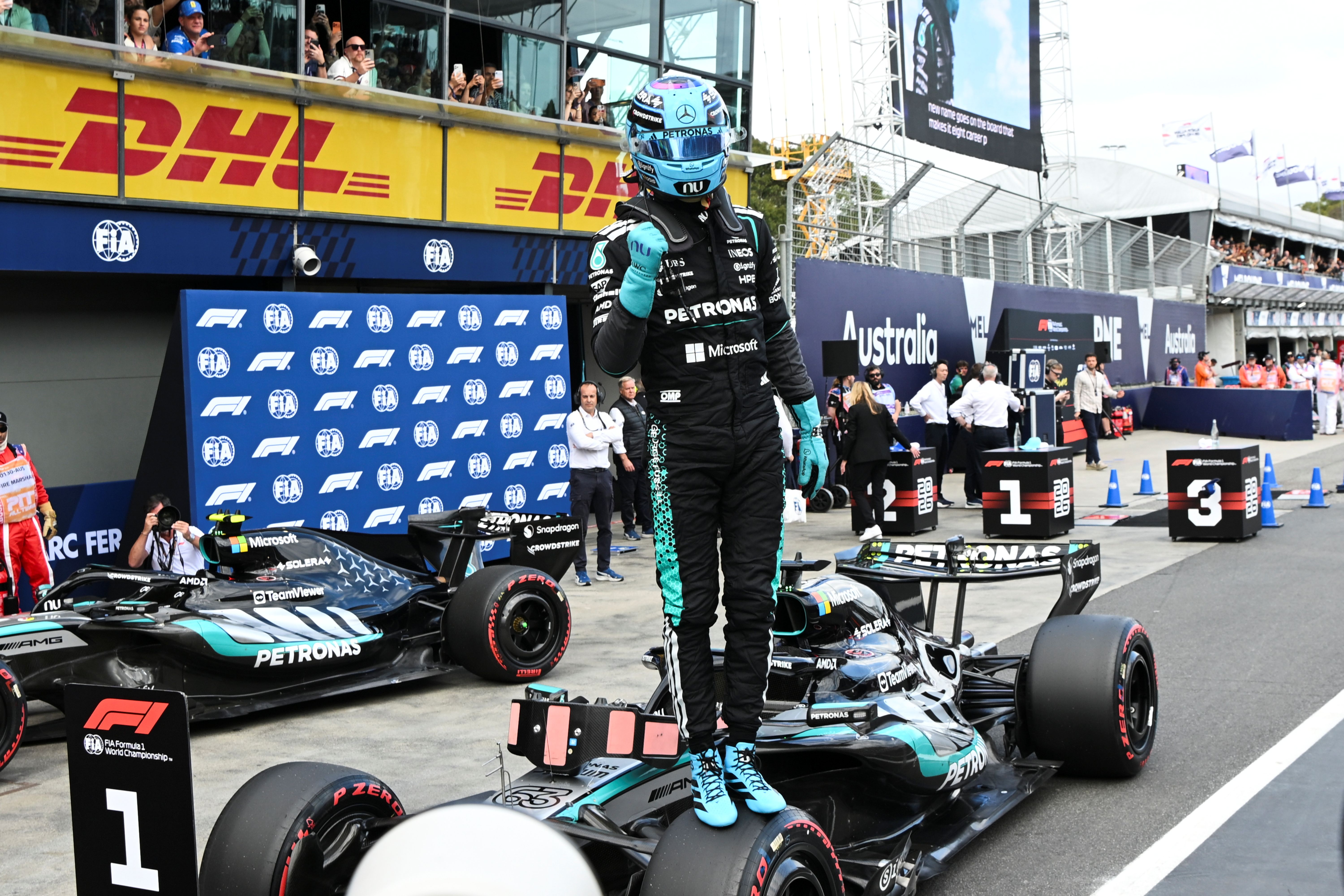 George Russell of Mercedes-AMG Petronas F1 Team celebrates as we look at the Australian Grand Prix odds.