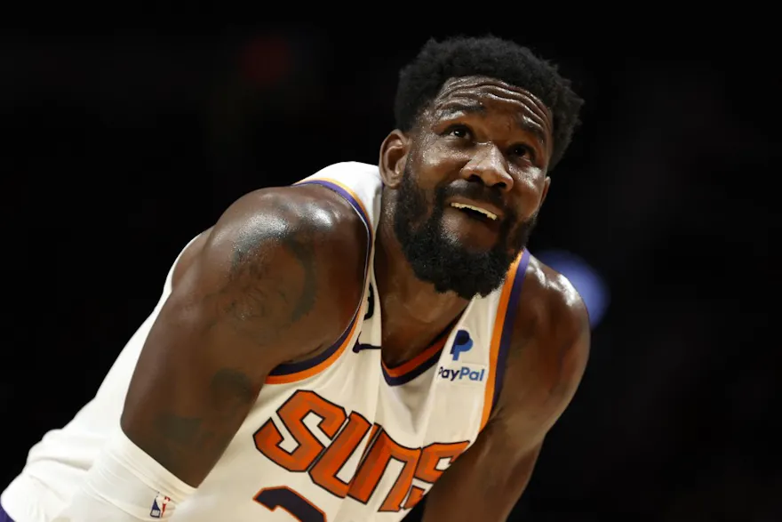 Deandre Ayton of the Phoenix Suns looks on during the first quarter against the Portland Trail Blazers at Moda Center on October 21, 2022 in Portland, Oregon.
