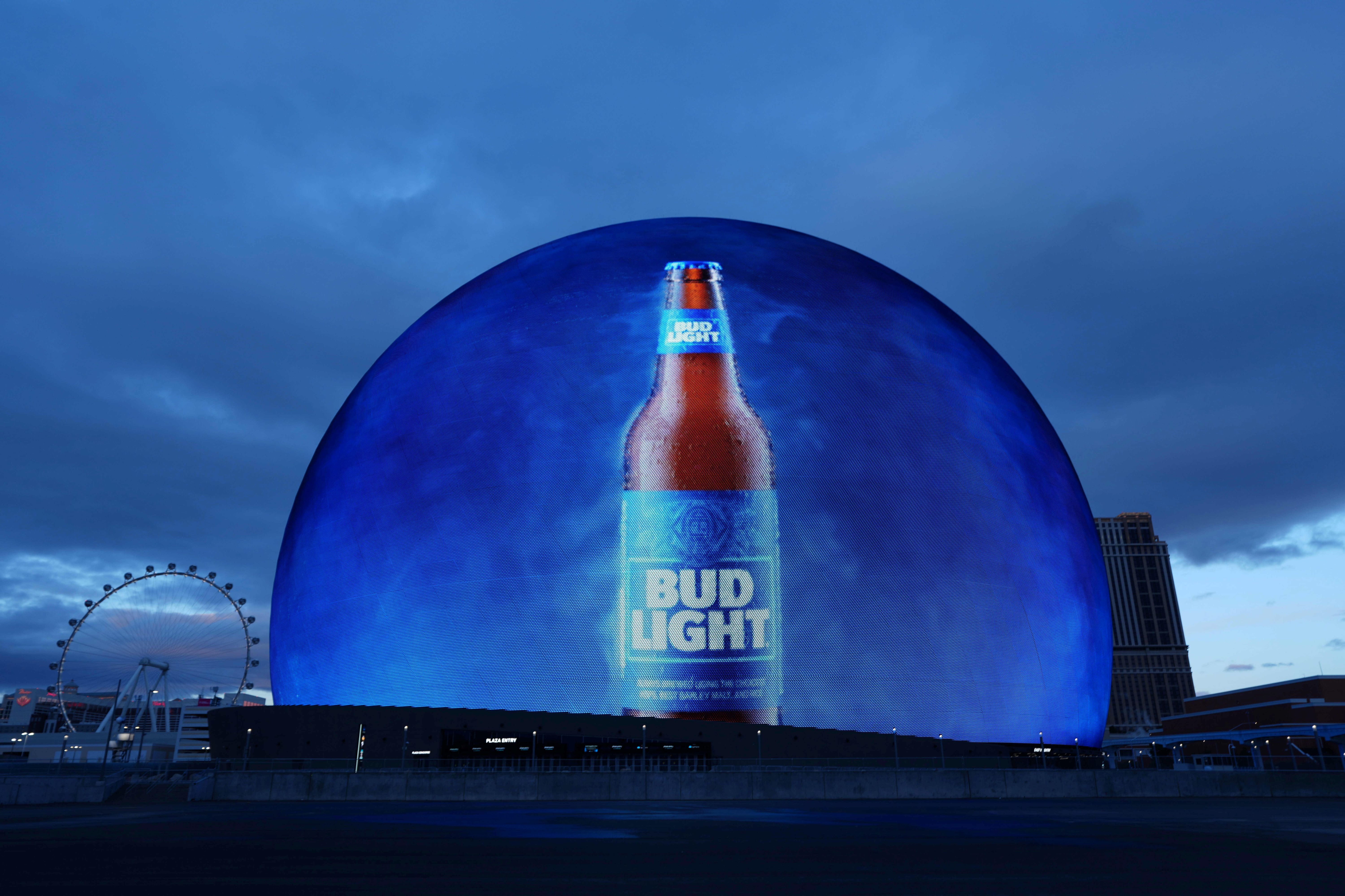 A Bud Light beer advertisement is projected onto the Sphere as we look at the best Super Bowl 2026 beer