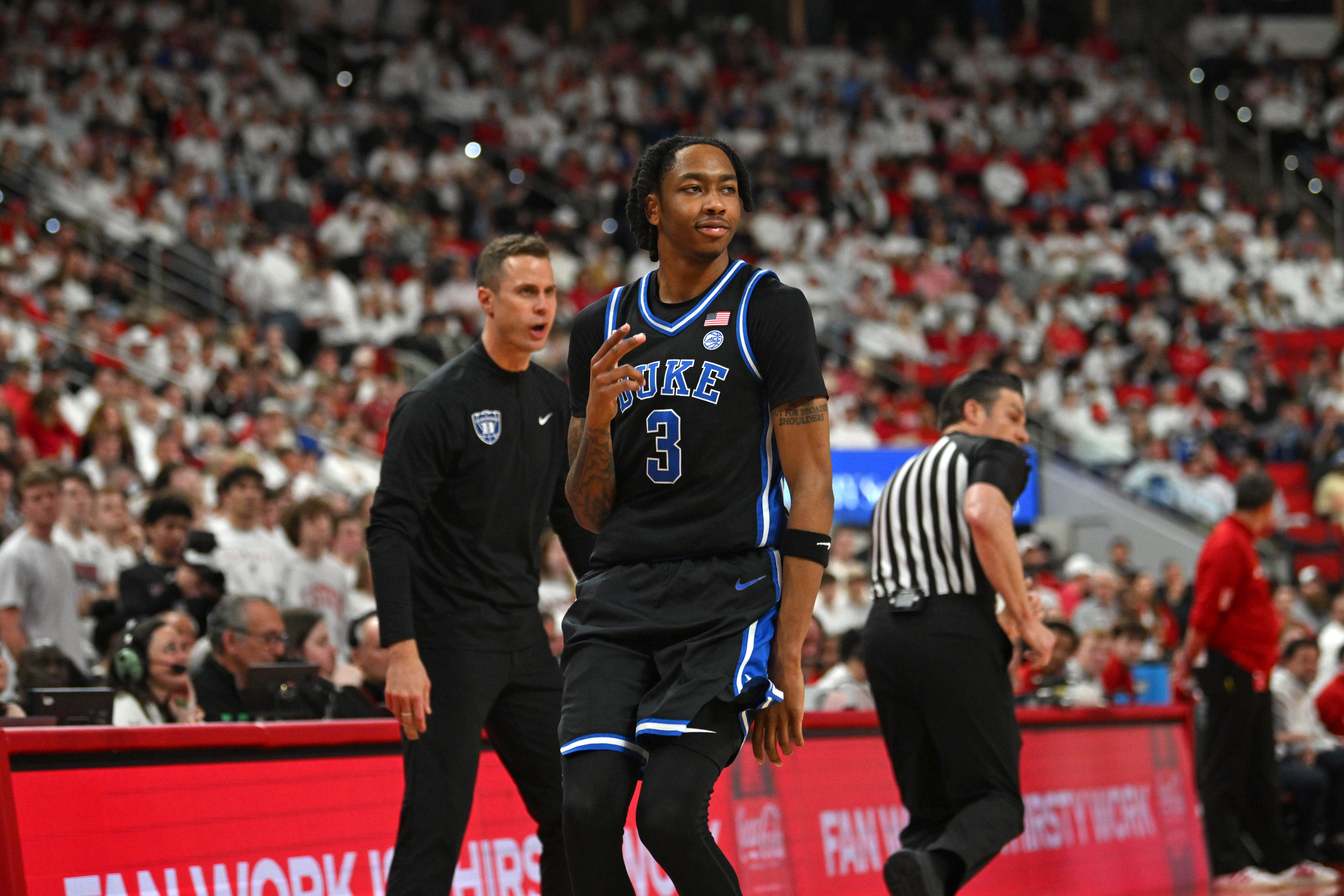 Duke guard Isaiah Evans (3) reacts after scoring as we look at our North Carolina vs. Duke prediction