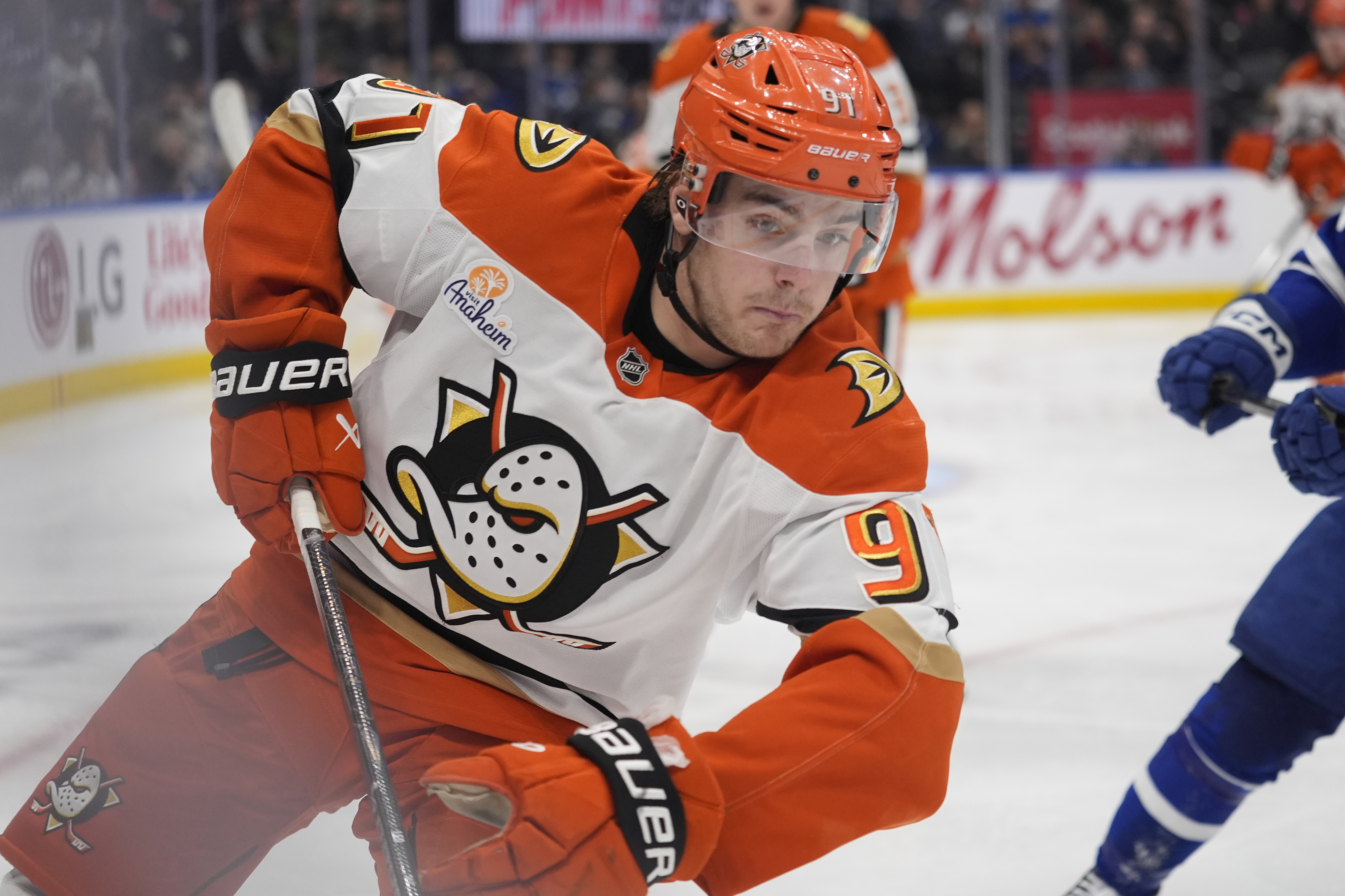 Anaheim Ducks forward Leo Carlsson - who's featured in my Ducks vs. Oilers prediction - skates.