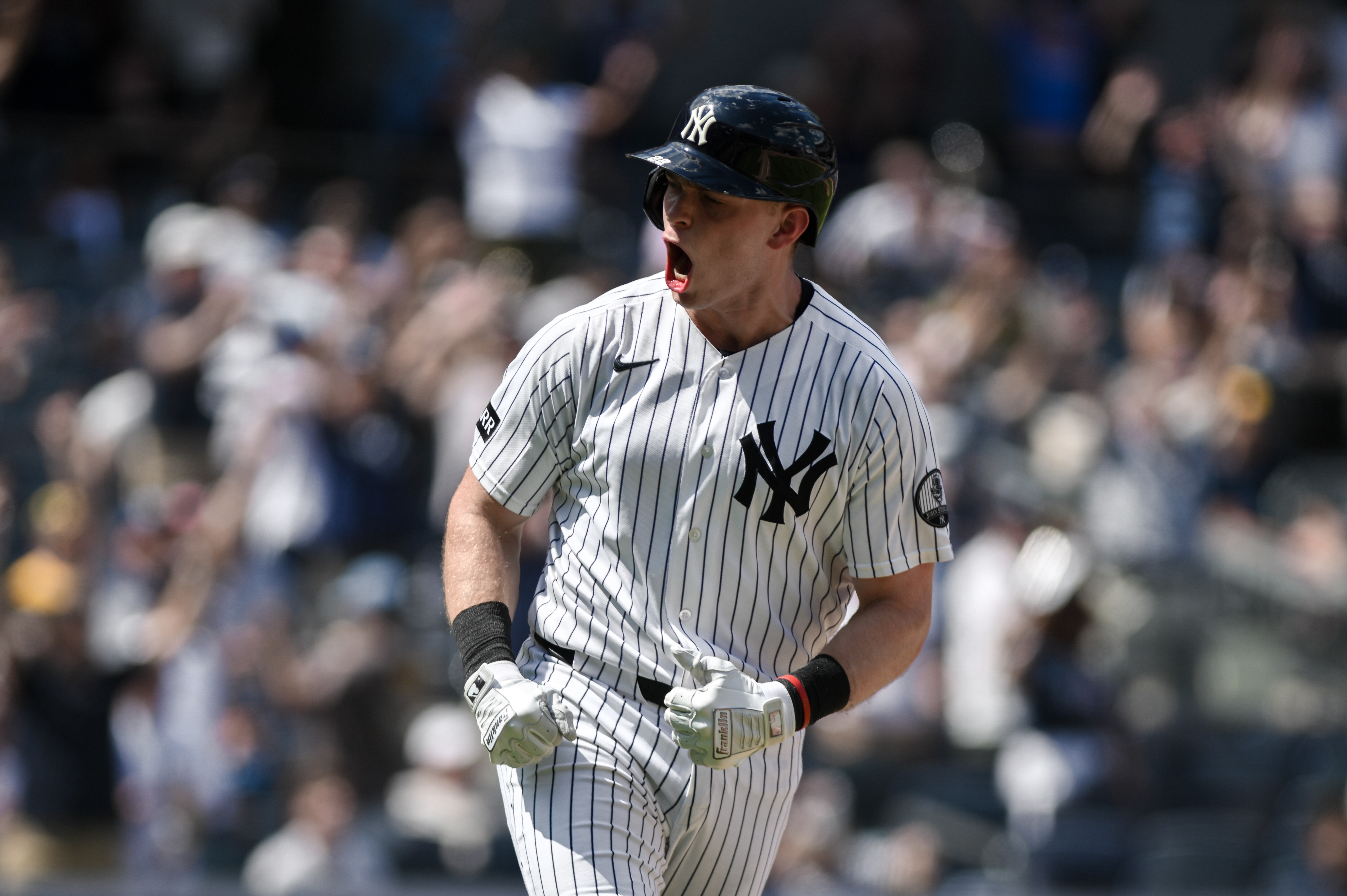 New York Yankees first baseman Ben Rice (22) reacts as we break down our home run predictions today.