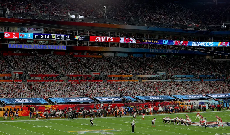 General view during the first quarter of the game between the Tampa Bay Buccaneers and the Kansas City Chiefs in Super Bowl LV at Raymond James Stadium in Tampa, Florida. Photo by Kevin C. Cox/Getty Images via AFP.