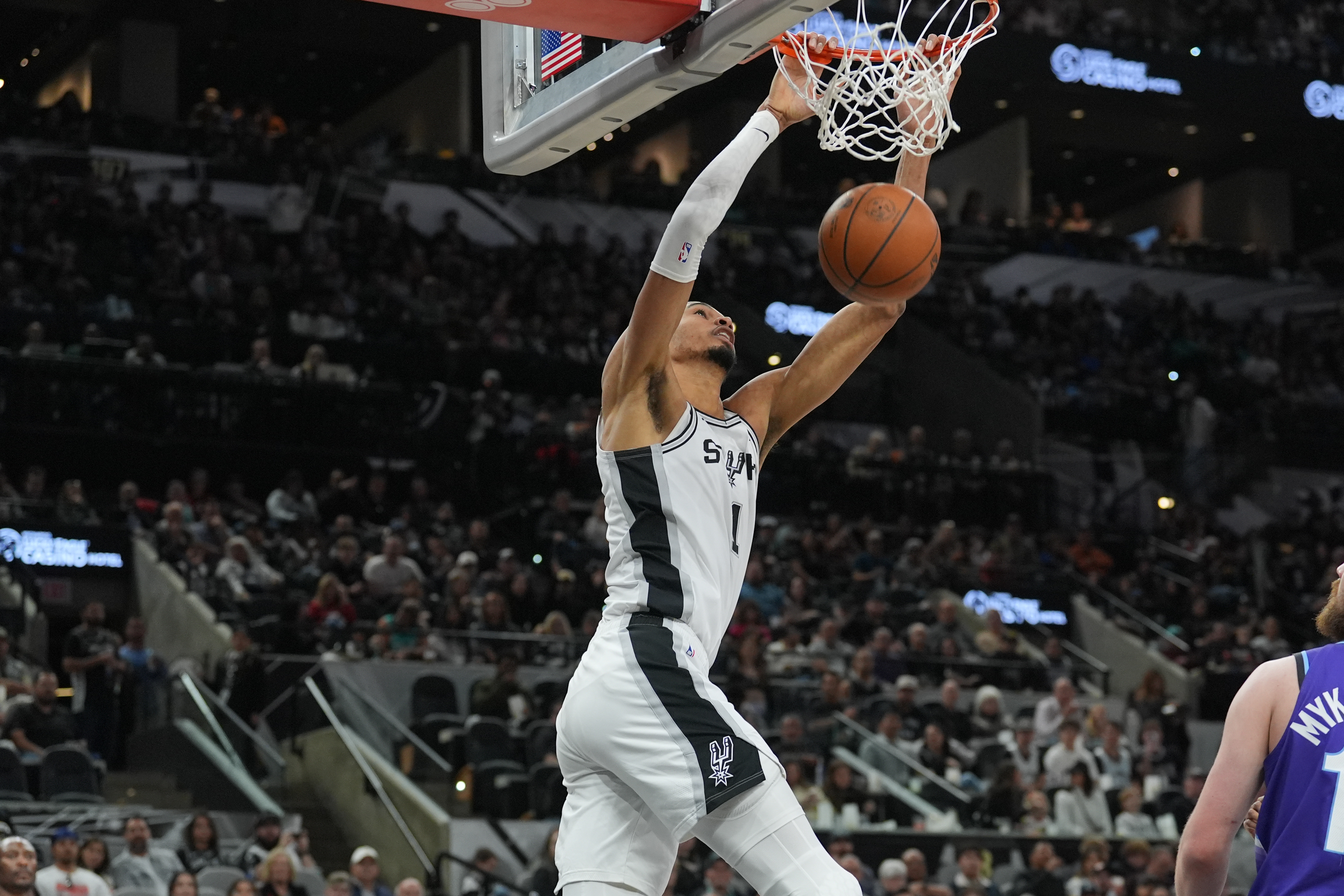 San Antonio Spurs forward Victor Wembanyama - who's featured in my NBA player props - dunks the ball.