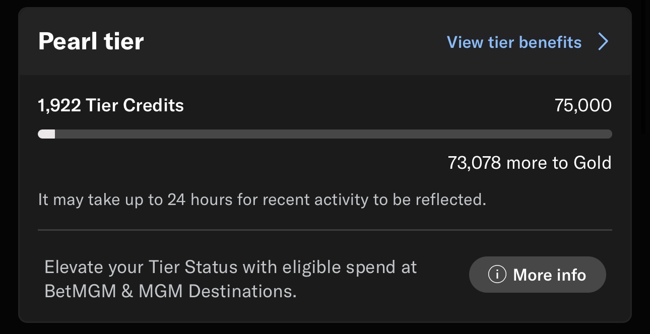 Pictured: Tier credits, seen here in the BetMGM app, allow you to climb tiers and earn perks like free hotel rooms.