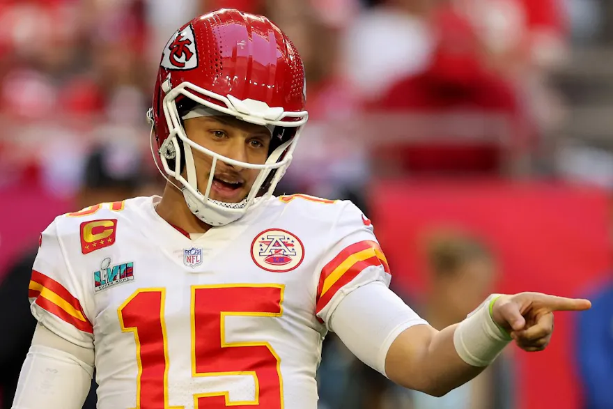 Patrick Mahomes #15 of the Kansas City Chiefs looks on during the first quarter as we give our best Patrick Mahomes player props for Eagles vs. Chiefs Week 11 Monday Night Football