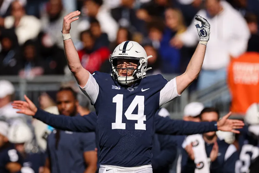 Sean Clifford of the Penn State Nittany Lions celebrates after a touchdown against the Ohio State Buckeyes during the first half at Beaver Stadium.