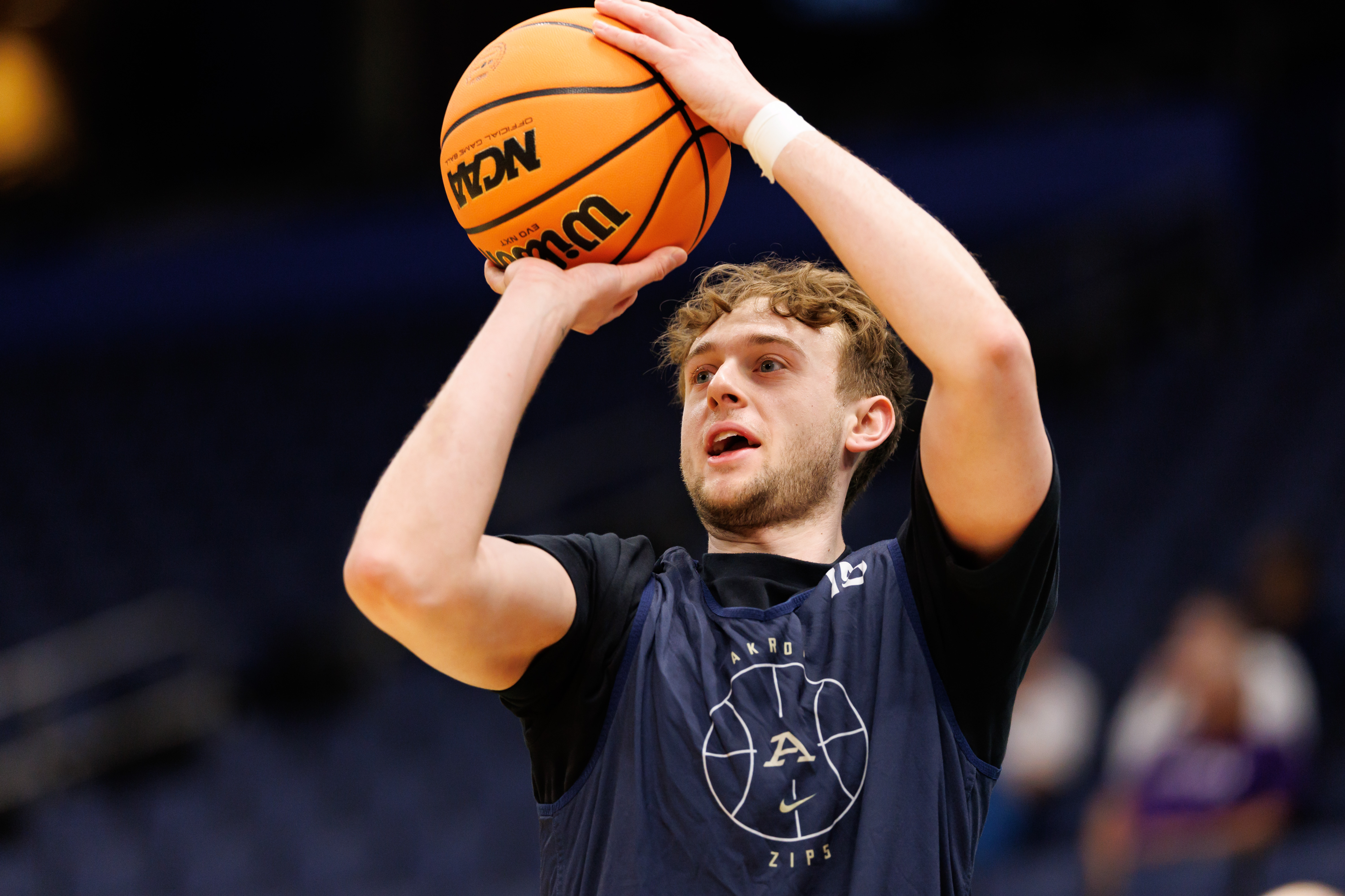 Bowen Hardman shoots the ball during a practice session as we offer our Akron vs. Texas Tech prediction and odds today.