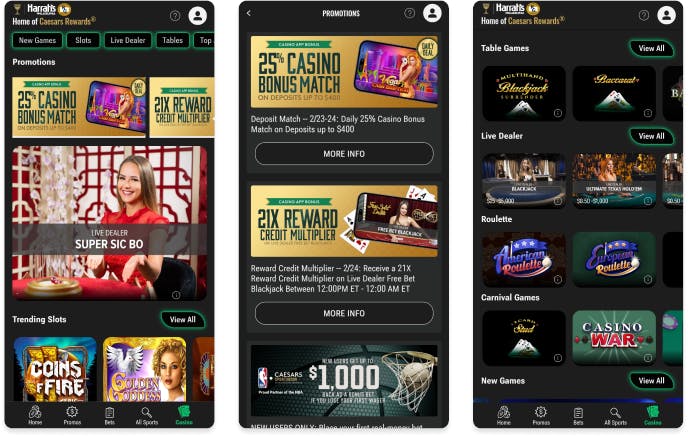 Screenshot of Caesars Palace mobile casino app.