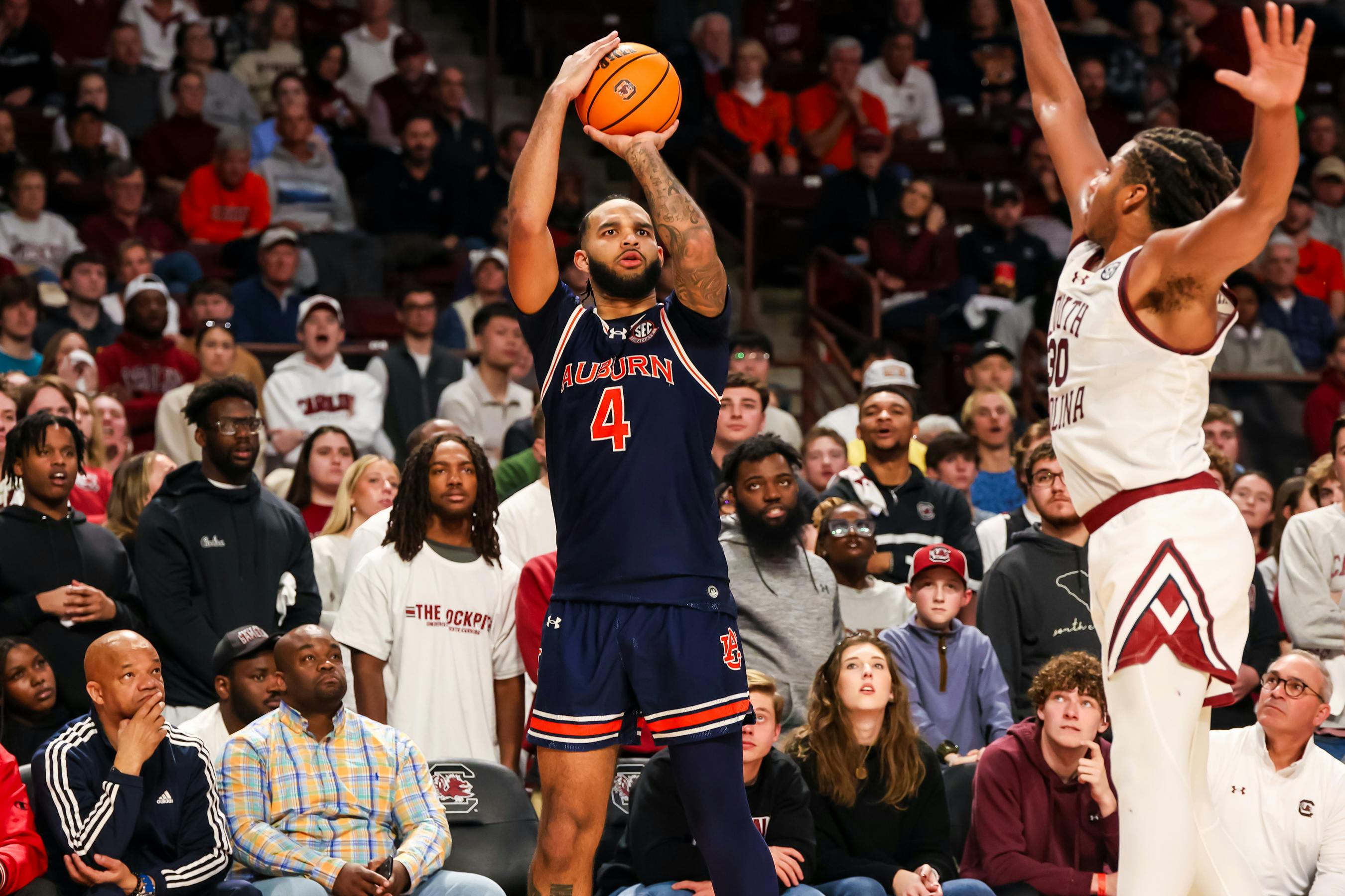 Auburn forward Johni Broome shoots a three against South Carolina. Broome