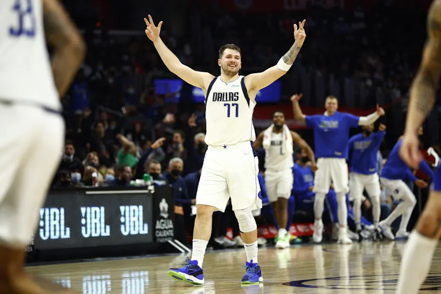 Luka Doncic #77 of the Dallas Mavericks reacts during the second half of a game against the LA Clippers at Staples Center on Nov. 23, 2021.