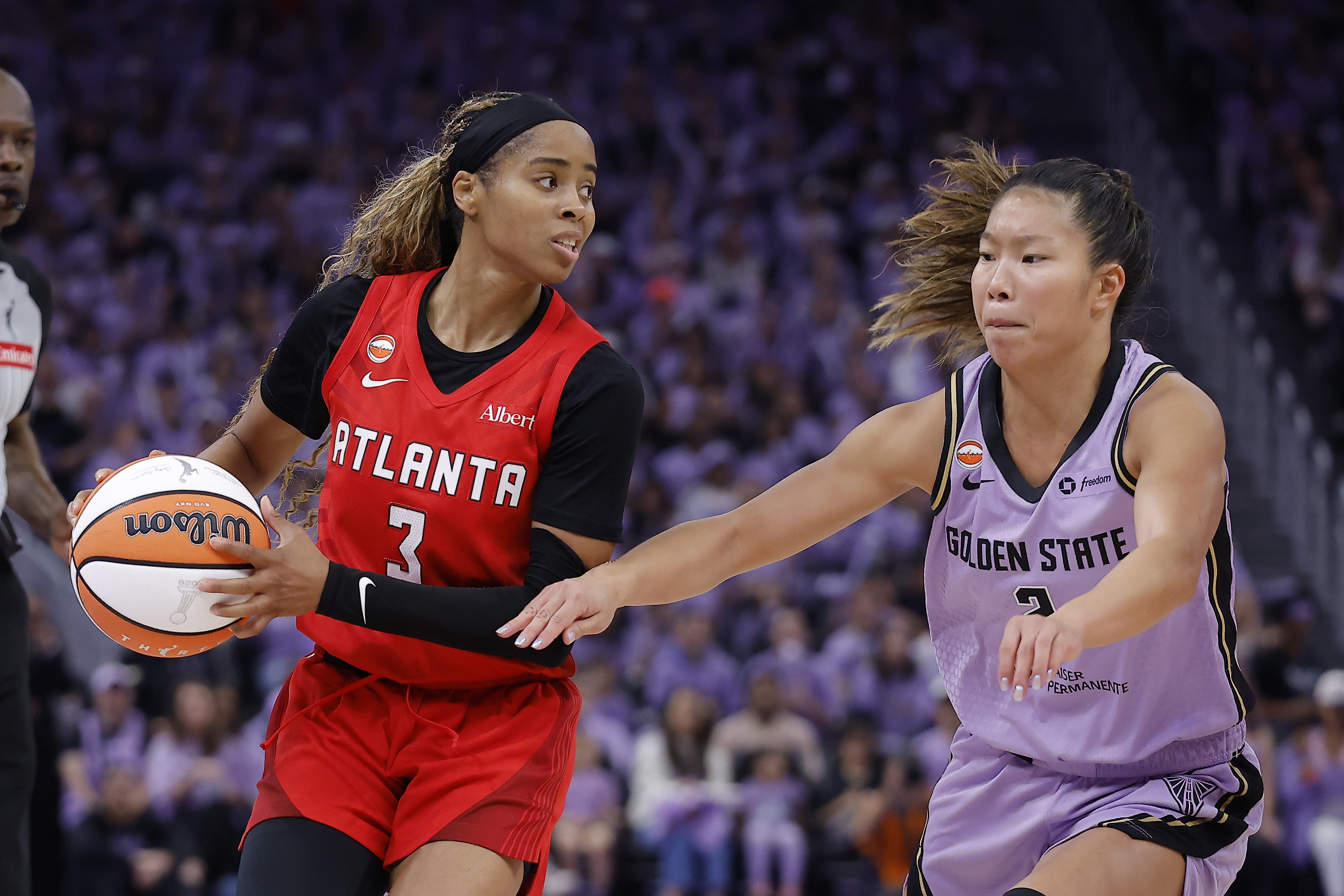 Atlanta Dream guard Jordin Canada (3) controls the ball against Golden State Valkyries guard Kaitlyn Chen (2) as we break down our Dream vs. Valkyries prediction.