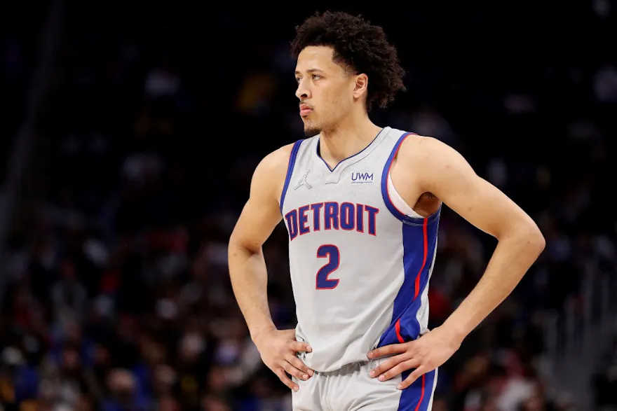 Cade Cunningham of the Detroit Pistons looks on against the Golden State Warriors, and we offer new U.S. bettors our exclusive BetRivers bonus code.