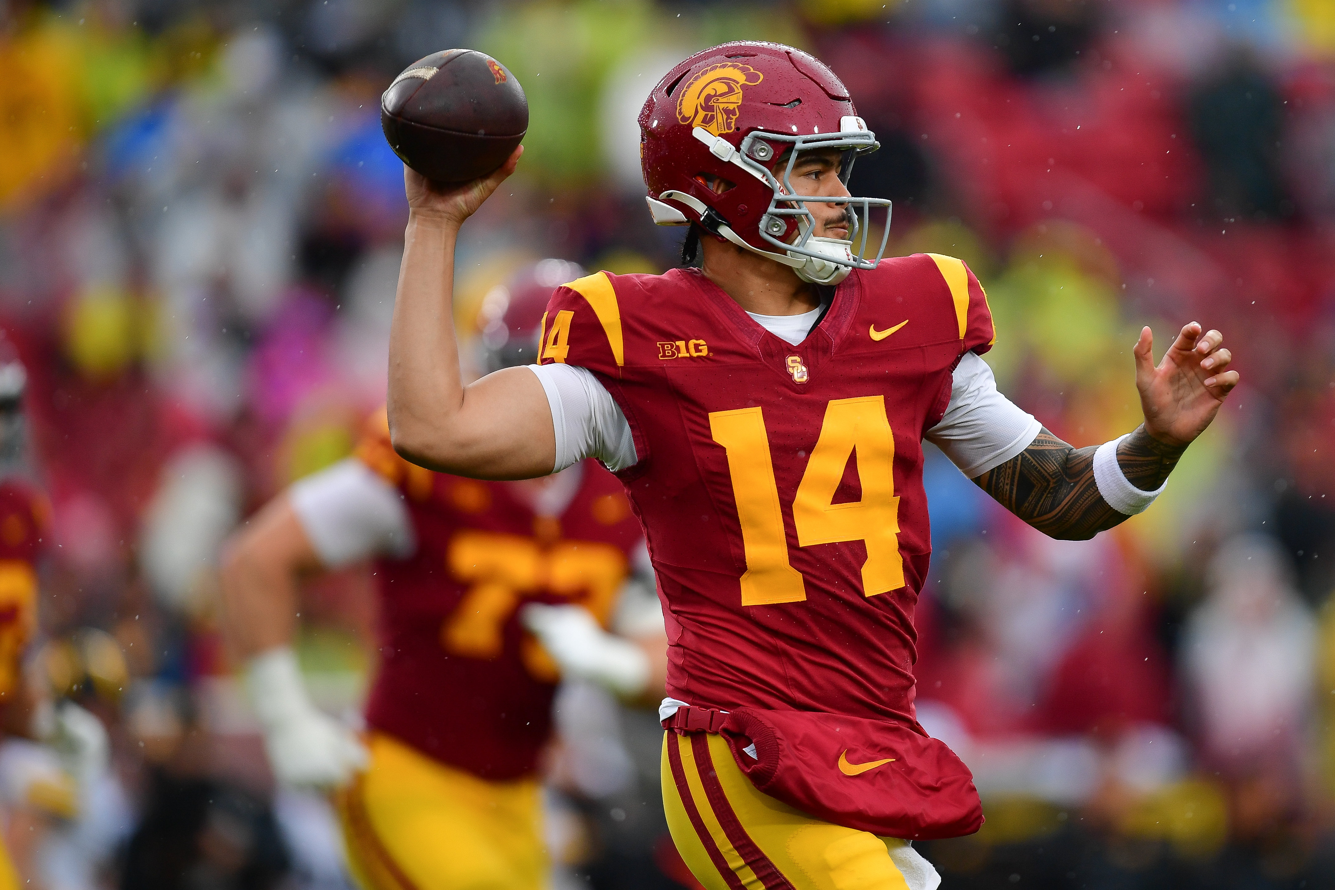 Southern California Trojans quarterback Jayden Maiava (14) throws as he is featured in our San Jose State vs. USC player props.