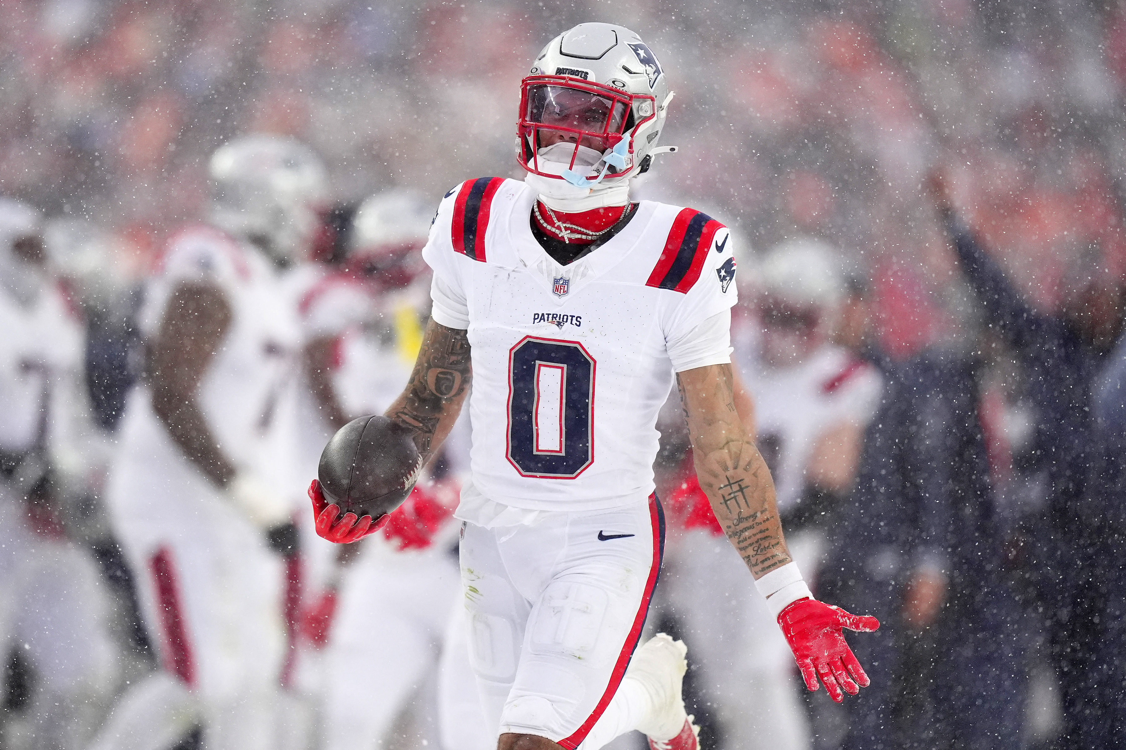 New England Patriots cornerback Christian Gonzalez reacts after an interception as we look at whether he can win the Super Bowl MVP today.