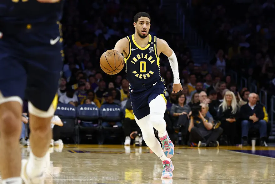 Tyrese Haliburton #0 of the Indiana Pacers dribbles at Crypto.com Arena as we look at our Lakers vs. Pacers player props prediction for Friday