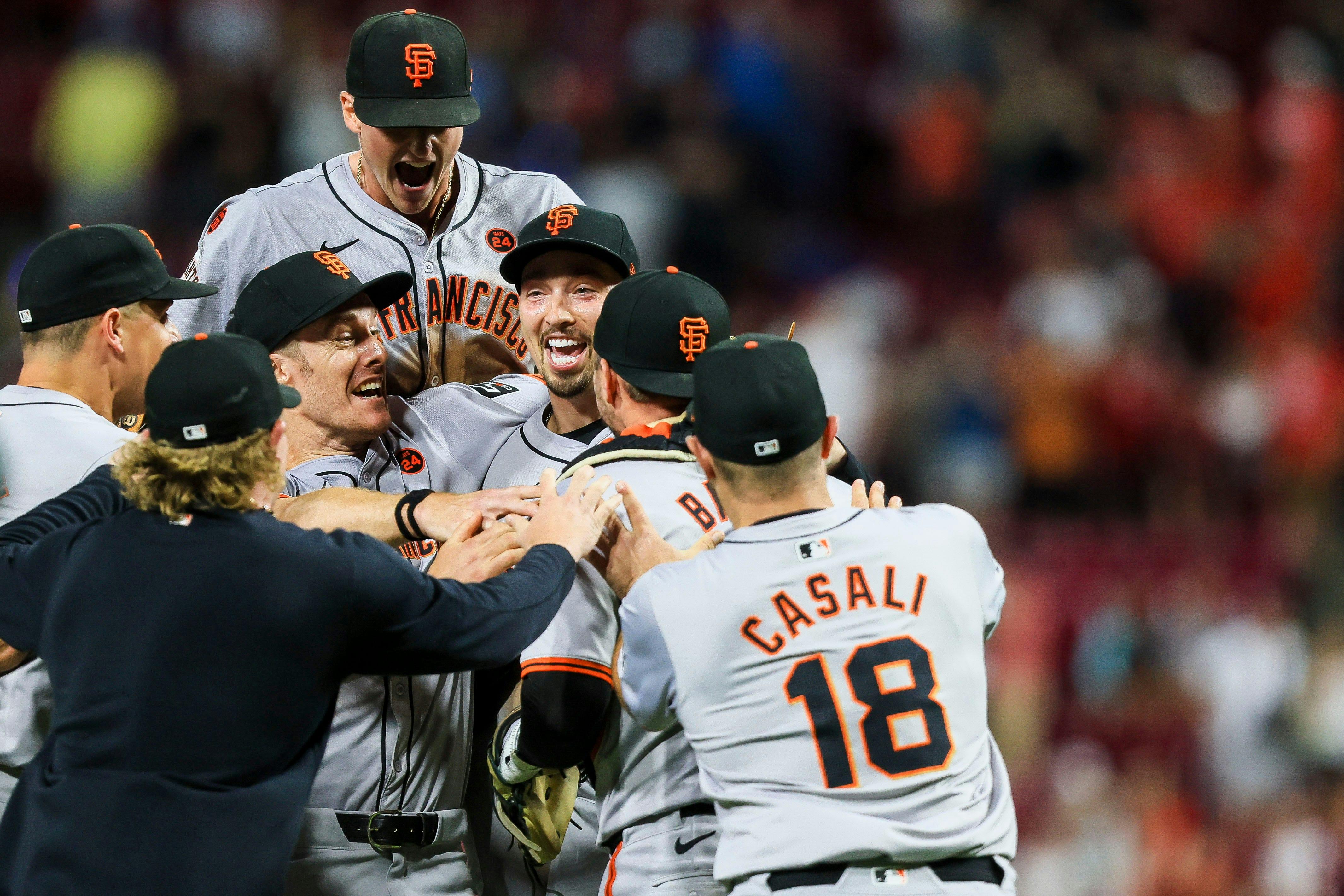 San Francisco Giants teammates congratulate pitcher Blake Snell for his no-hitter against the Cincinnati Reds, and he joins the World Series odds favorites in 2025. 