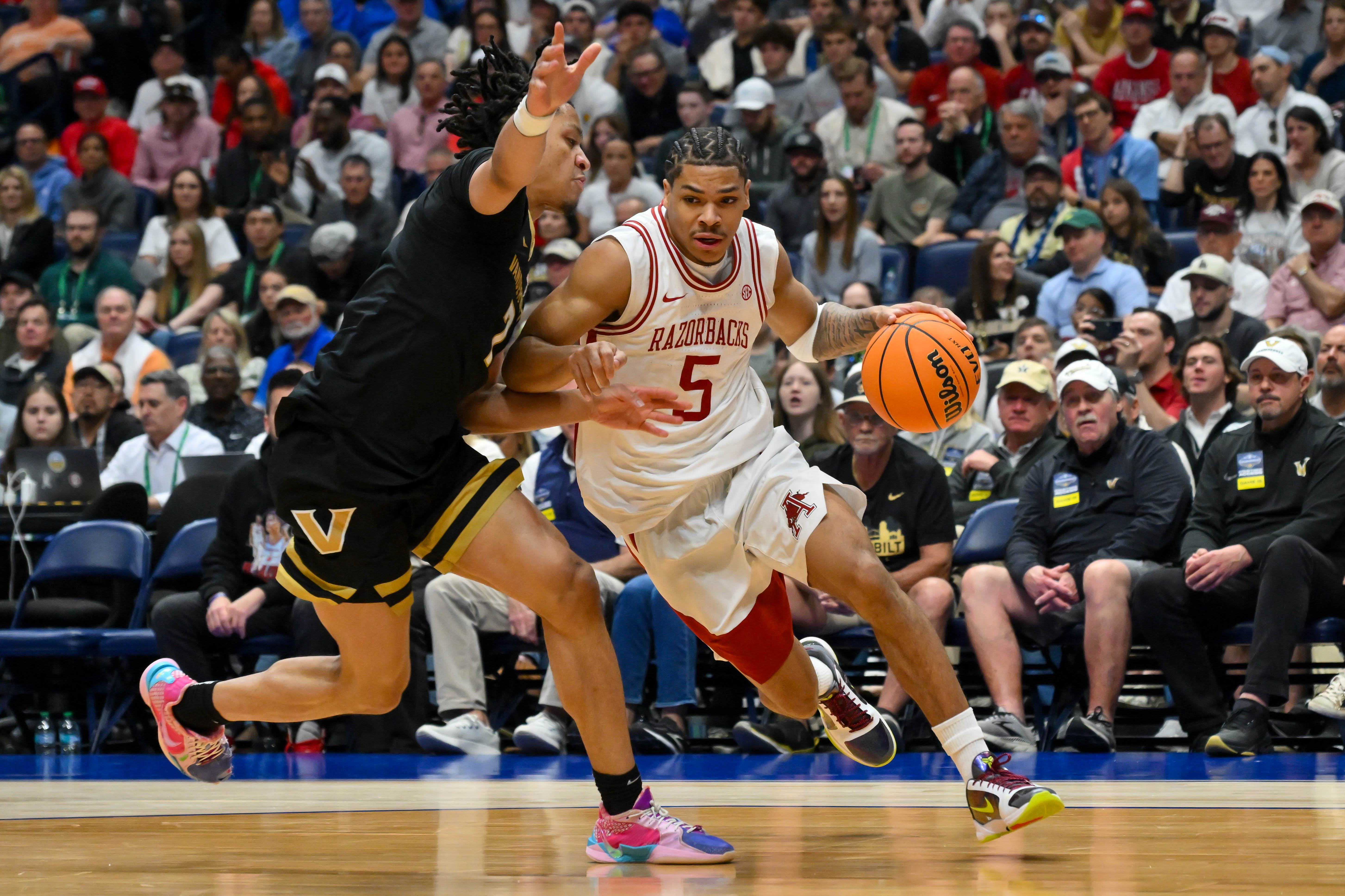 Arkansas Razorbacks guard Darius Acuff Jr. - who's featured in my Hawaii vs. Arkansas prediction - drives to the basket.