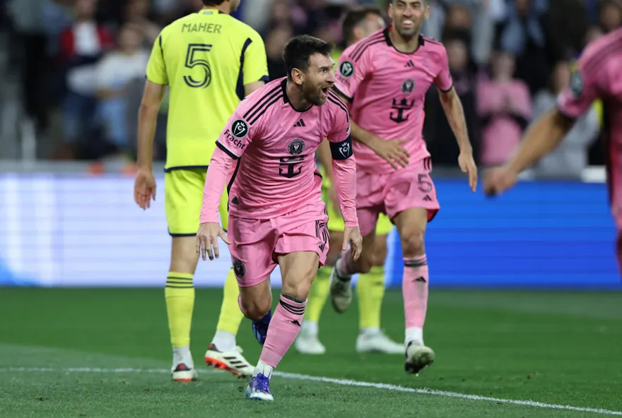 Lionel Messi #10 of Inter Miami CF celebrates after a goal by Luis Suarez #9 as we make our Inter Miami vs. Montreal impact prediction and picks for Sunday.
