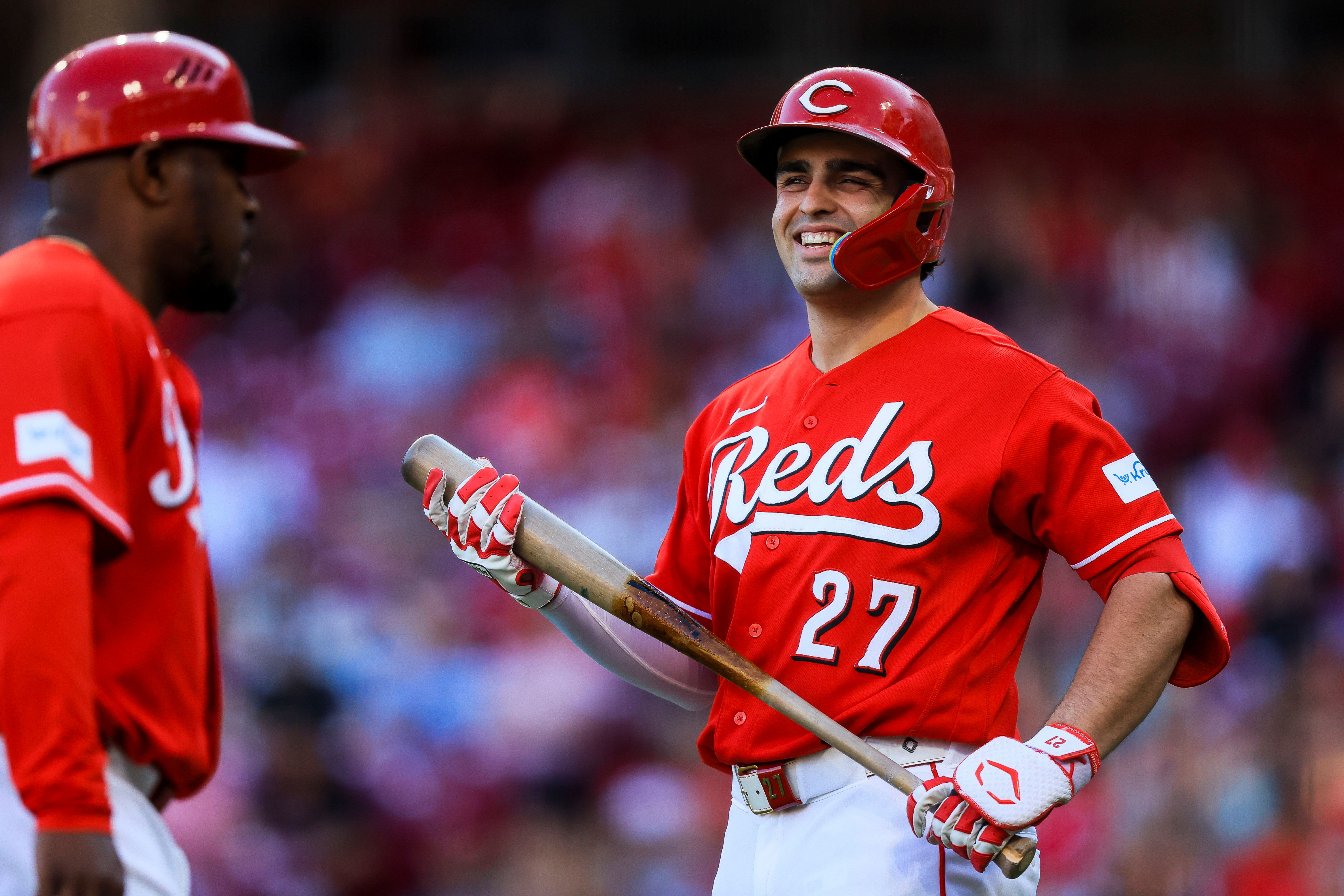 Cincinnati Reds designated hitter Sal Stewart reacts after a play, and he's feature in my home run predictions today.