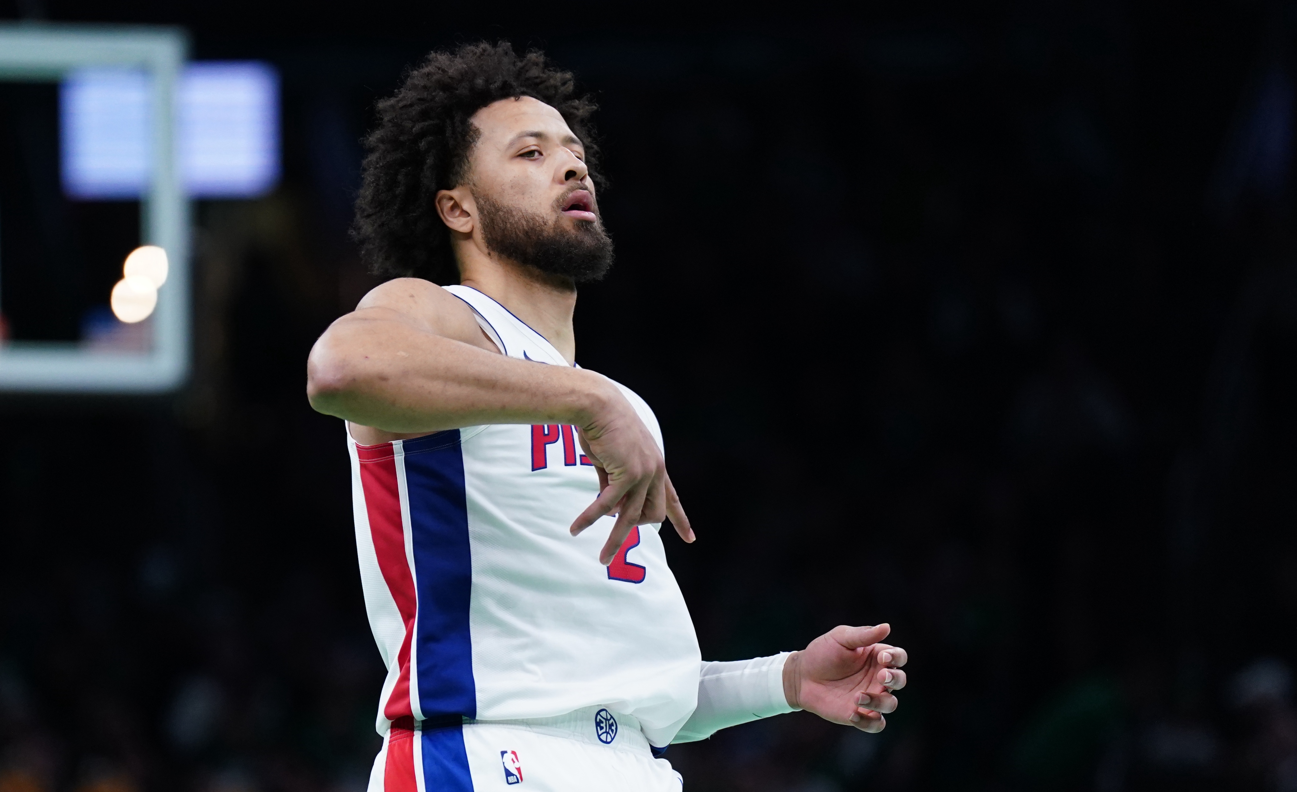 Detroit Pistons guard Cade Cunningham - who's featured in my Pistons vs. Celtics player props - reacts after his three-point basket against the Boston Celtics in the first half at TD Garden. 
