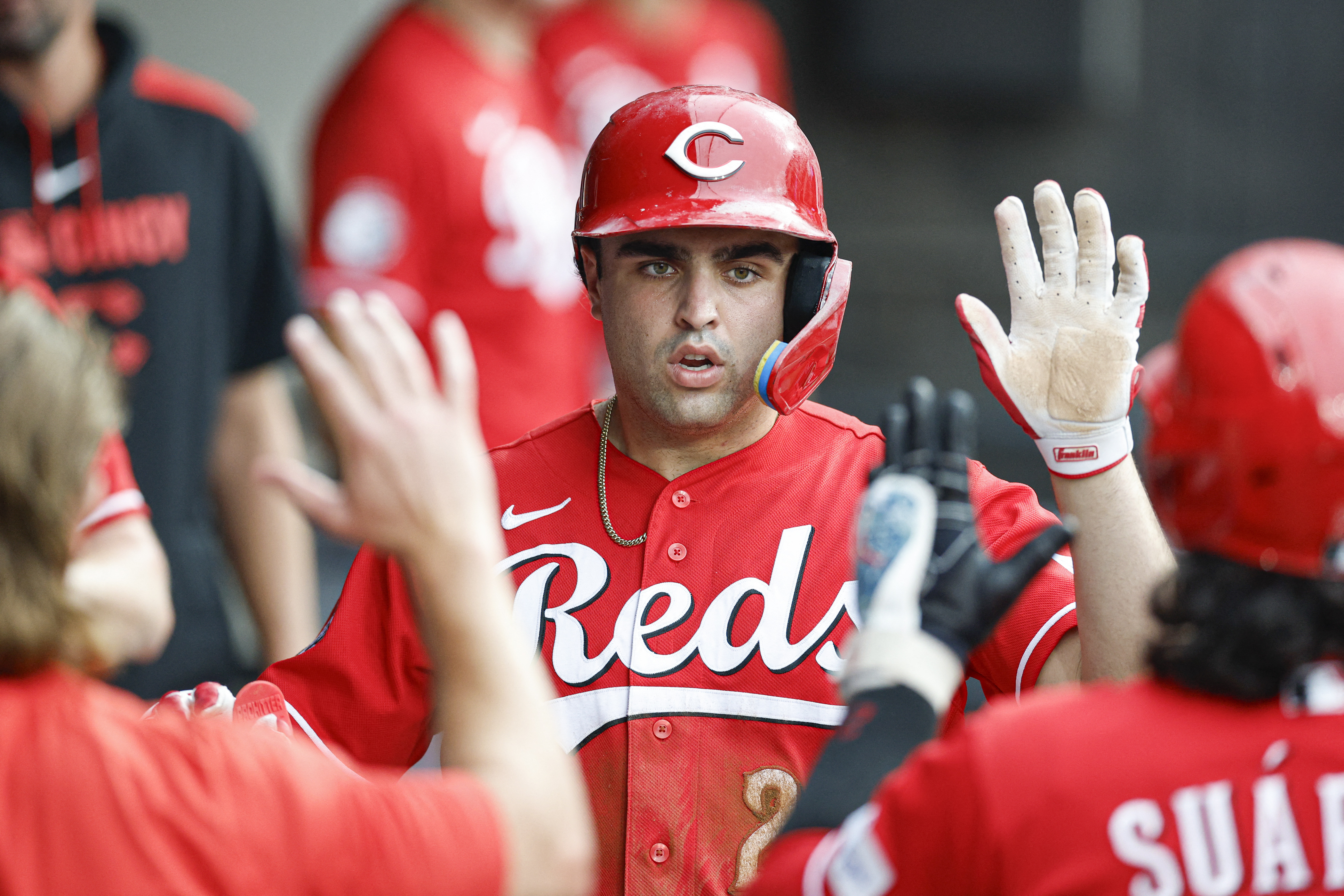 Cincinnati Reds first baseman Sal Stewart - who's featured in my Cardinals vs. Reds prediction - celebrates. 