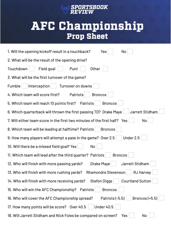 AFC Championship Game prop bet sheet printable