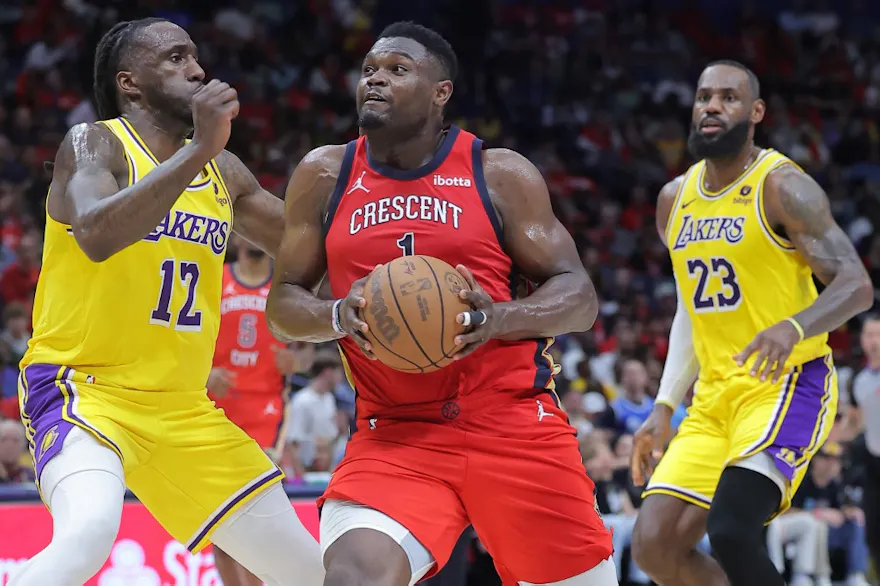 Zion Williamson of the New Orleans Pelicans drives as we look at the sports betting revenue report for Louisiana in April 2024.