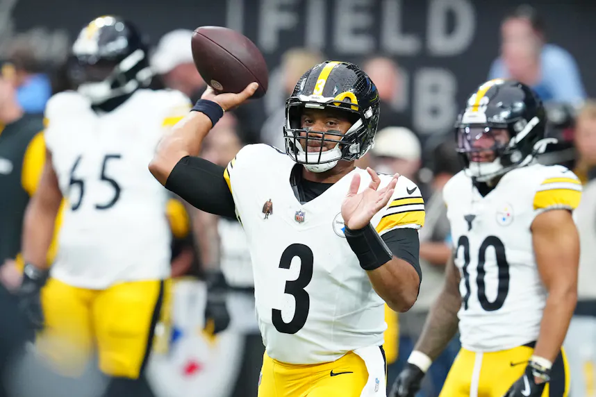 Pittsburgh Steelers quarterback Russell Wilson (3) warms up as we offer our NFL Week 7 player prop bets for Sunday.