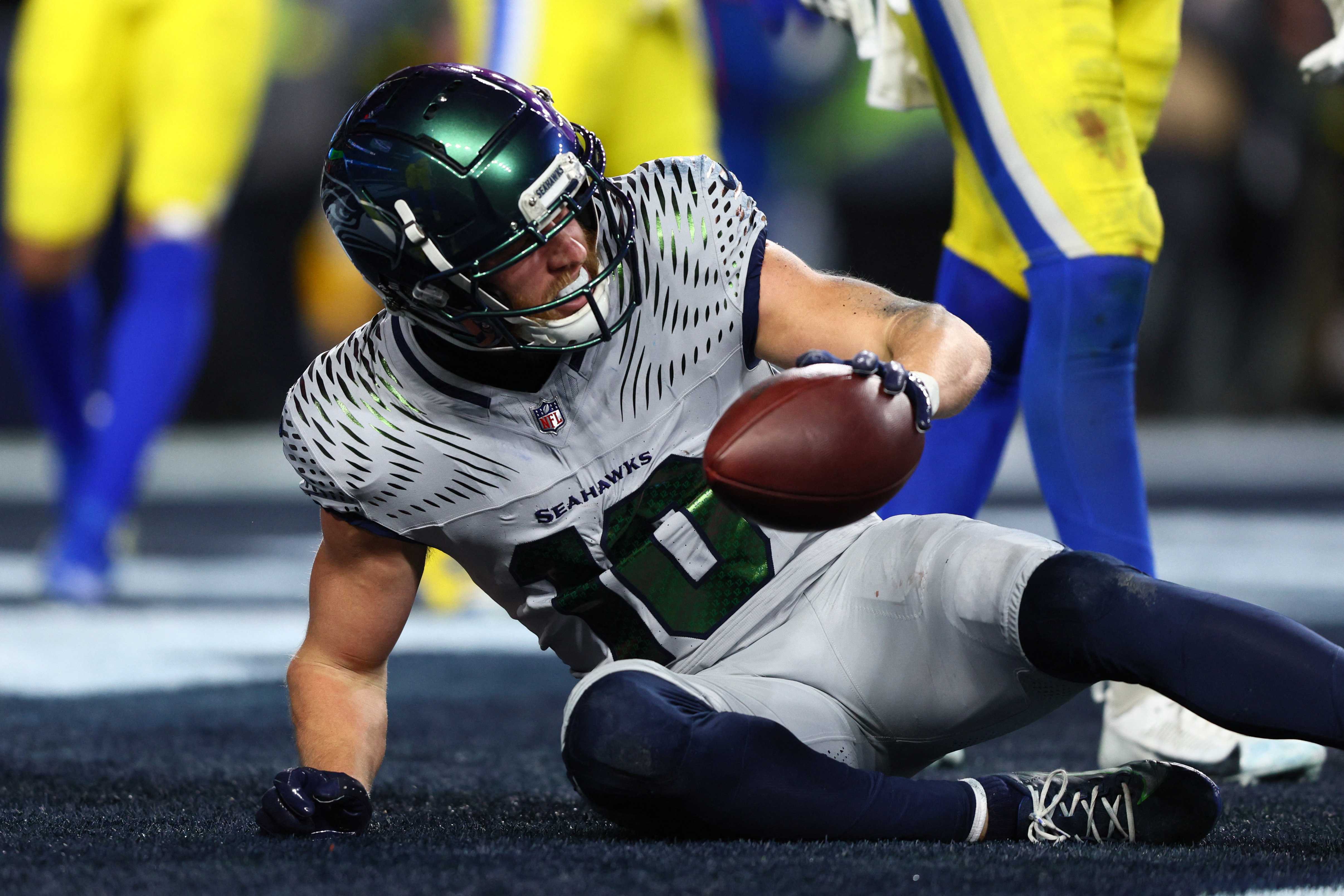 Seattle Seahawks wide receiver Cooper Kupp (10) scores a two-point conversion as we break down our anytime touchdown scorer predictions 49ers vs. Seahawks.