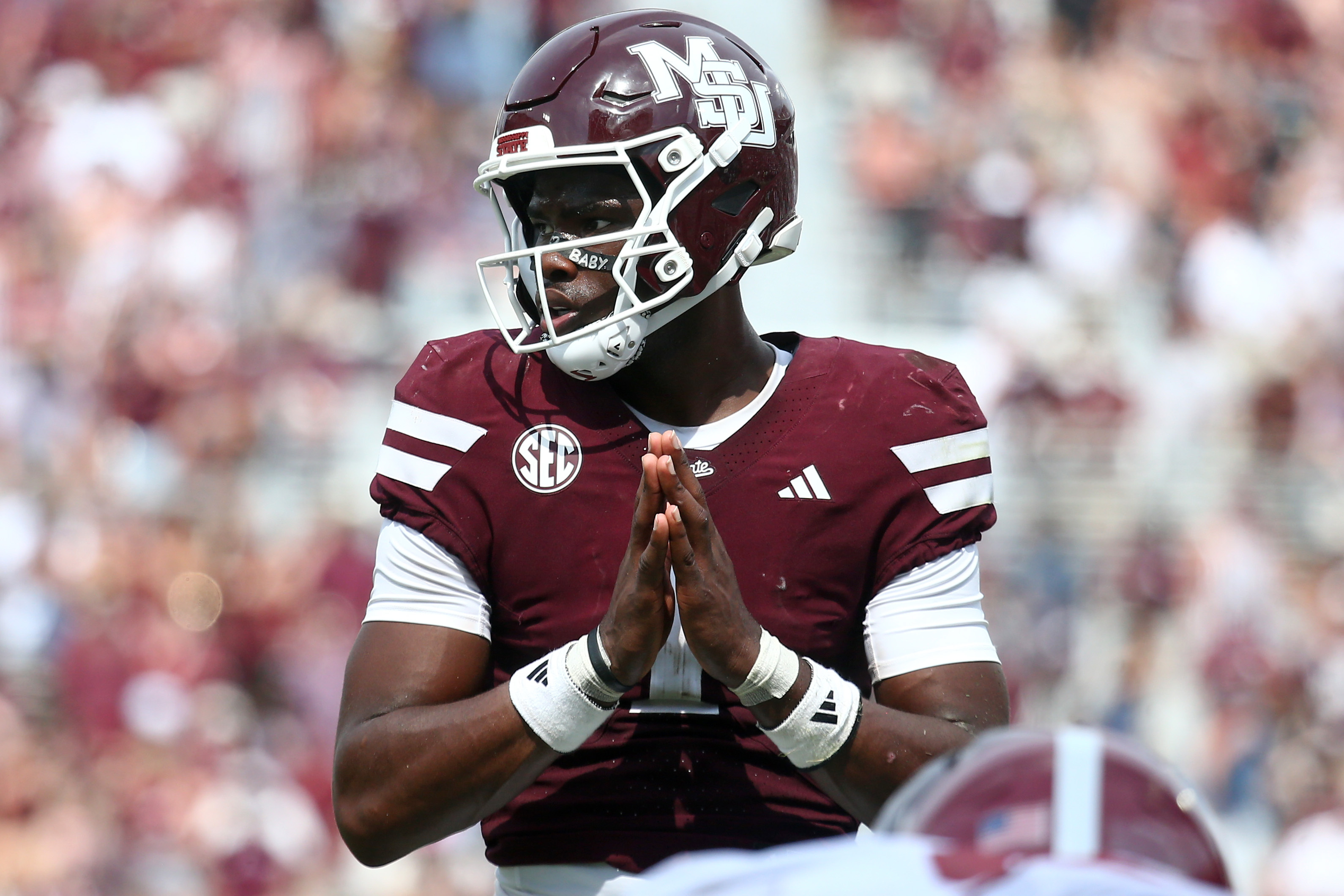 Mississippi State Bulldogs quarterback Kamario Taylor (1) waits for the snap as we break down our Mississippi State vs. LSU prediction.
