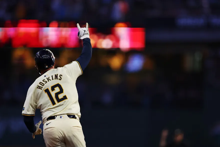 Rhys Hoskins of the Milwaukee Brewers runs the bases following a home run against the New York Yankees, and we offer our top MLB player props and expert picks based on the best MLB odds.