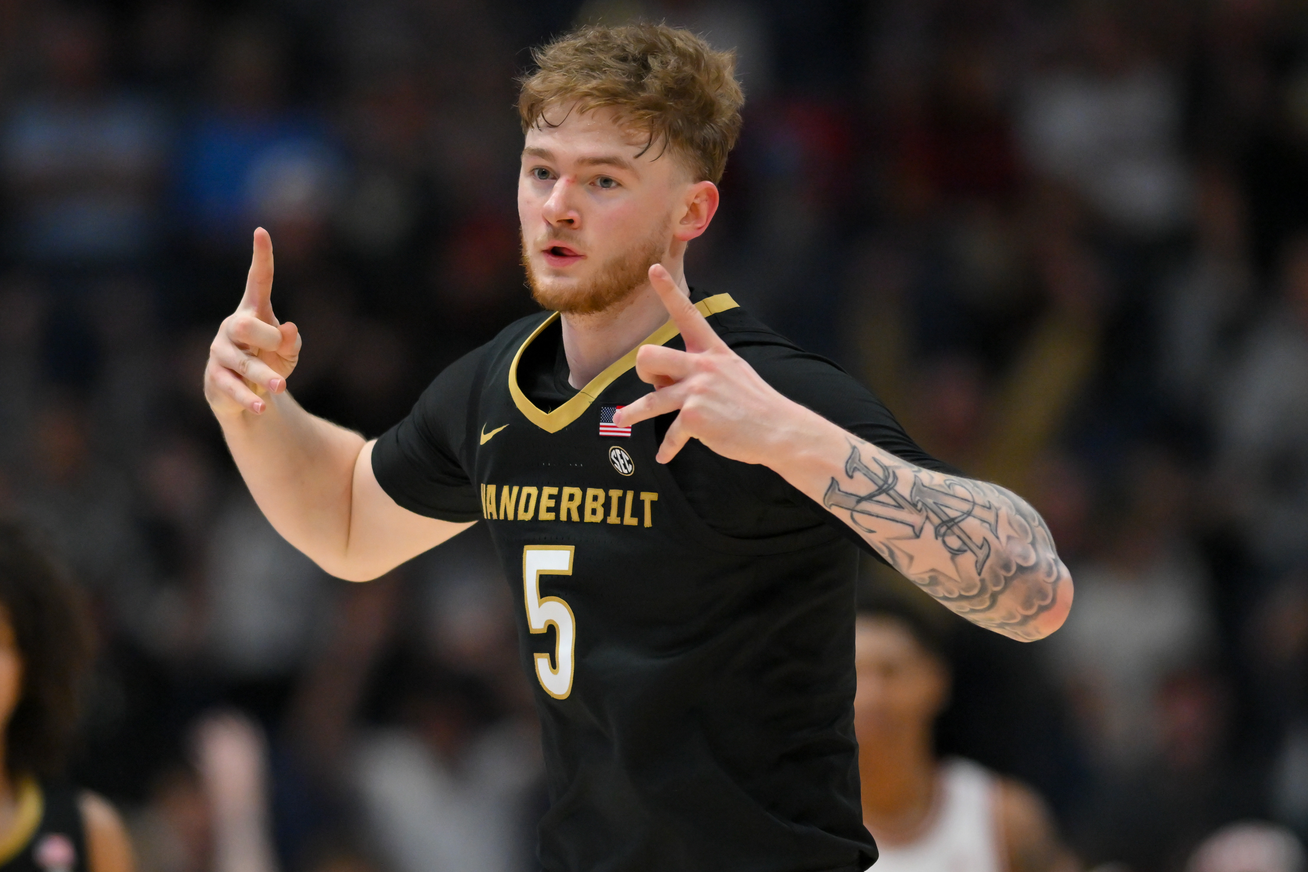Vanderbilt Commodores forward Tyler Nickel (5) reacts as we break down our Vanderbilt vs. Nebraska prediction tonight.