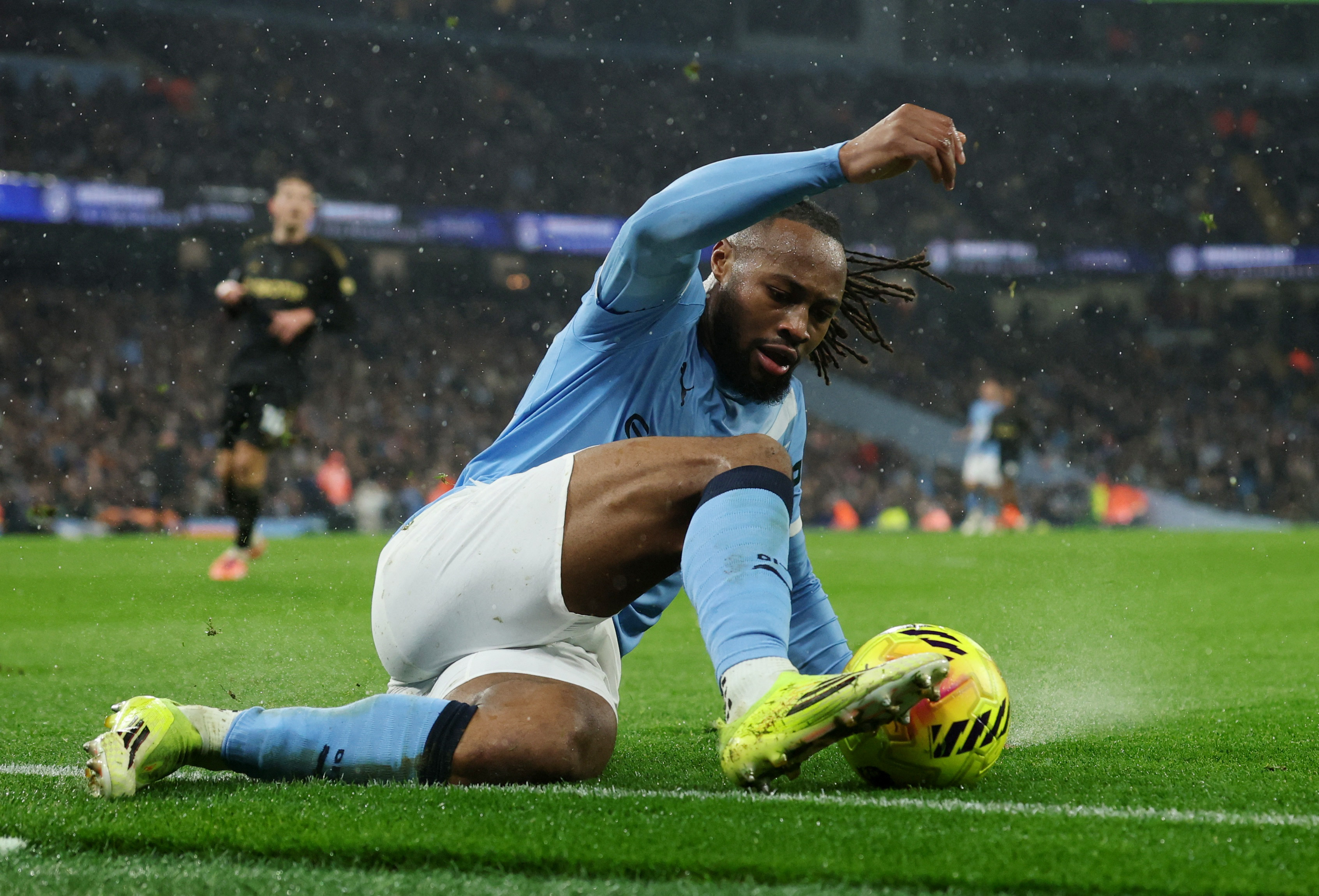 Manchester City's Antoine Semenyo in action as we make our best Manchester City vs. Nottingham Forest prediction and parlay picks