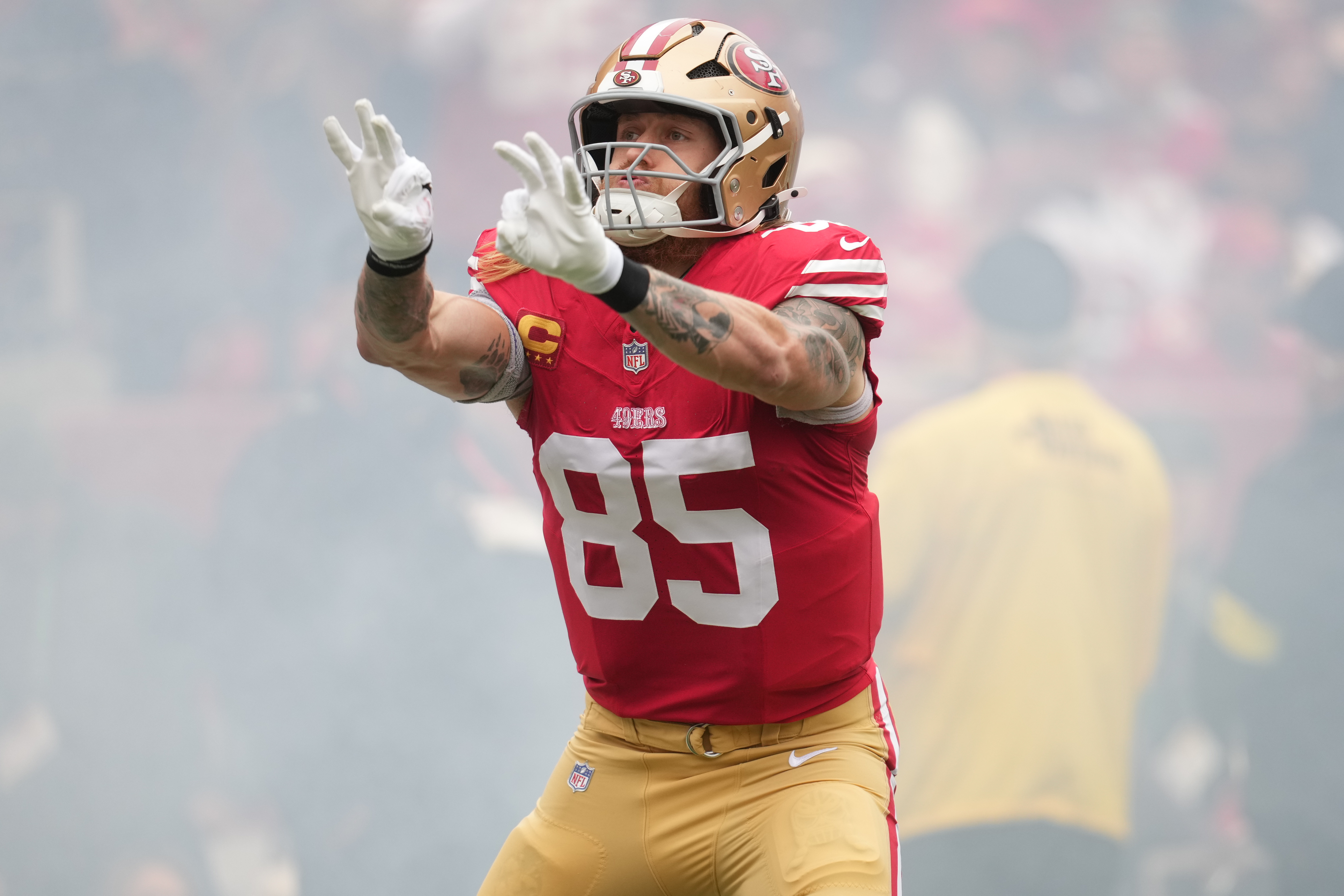 San Francisco 49ers tight end George Kittle (85) enters the field as we offer our 49ers vs. Colts player props for Monday Night Football.