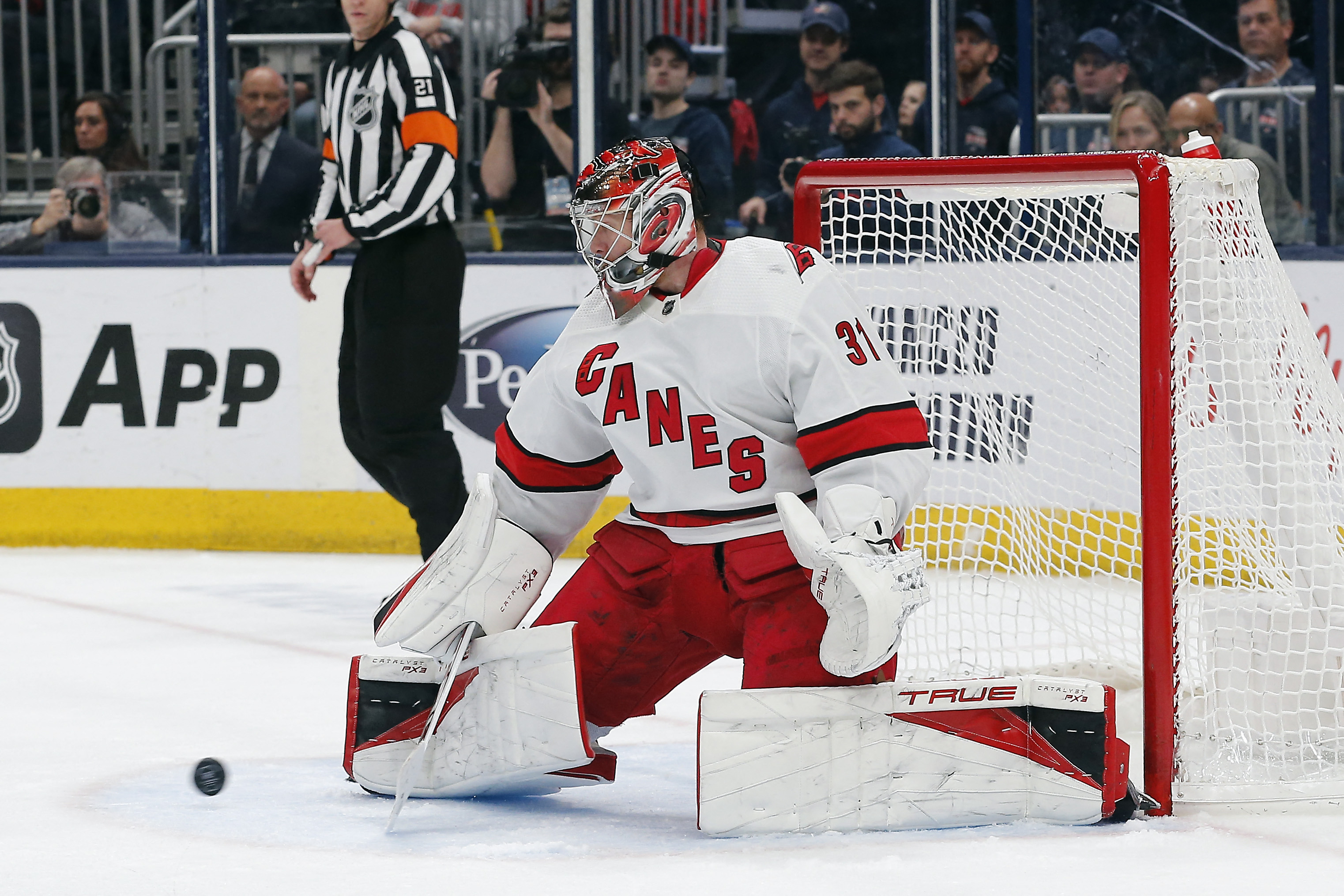 Carolina Hurricanes goalie Frederick Andersen makes a pad save as we look at the Conn Smythe odds ahead of the conference final. 