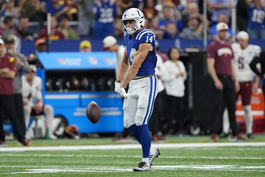 Alec Pierce of the Indianapolis Colts celebrates after making a reception in the fourth quarter of a game against the Washington Commanders at Lucas Oil Stadium on October 30, 2022 in Indianapolis, Indiana.