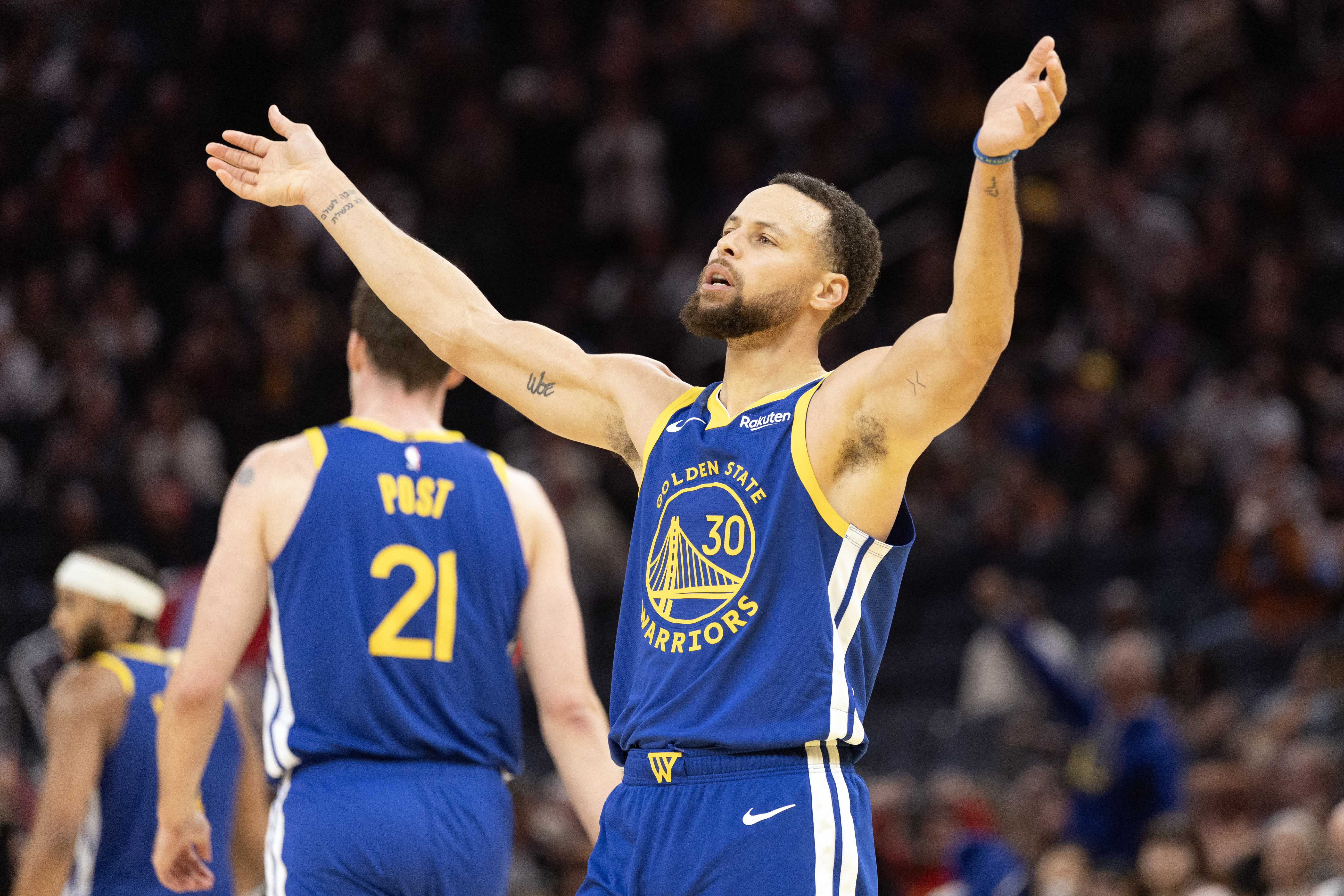 Golden State Warriors guard Stephen Curry (30), seen here gesturing, is featured in our NBA player props and best bets for MLK Day 2026.