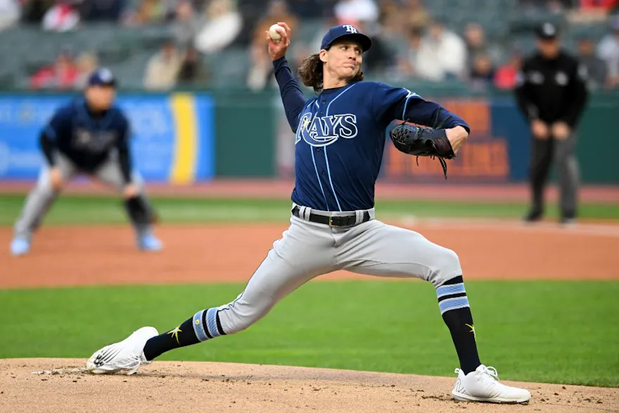 Starting pitcher Tyler Glasnow #20 of the Tampa Bay Rays pitches during the first inning against the Cleveland Guardians at Progressive Field on September 28, 2022 in Cleveland, Ohio.