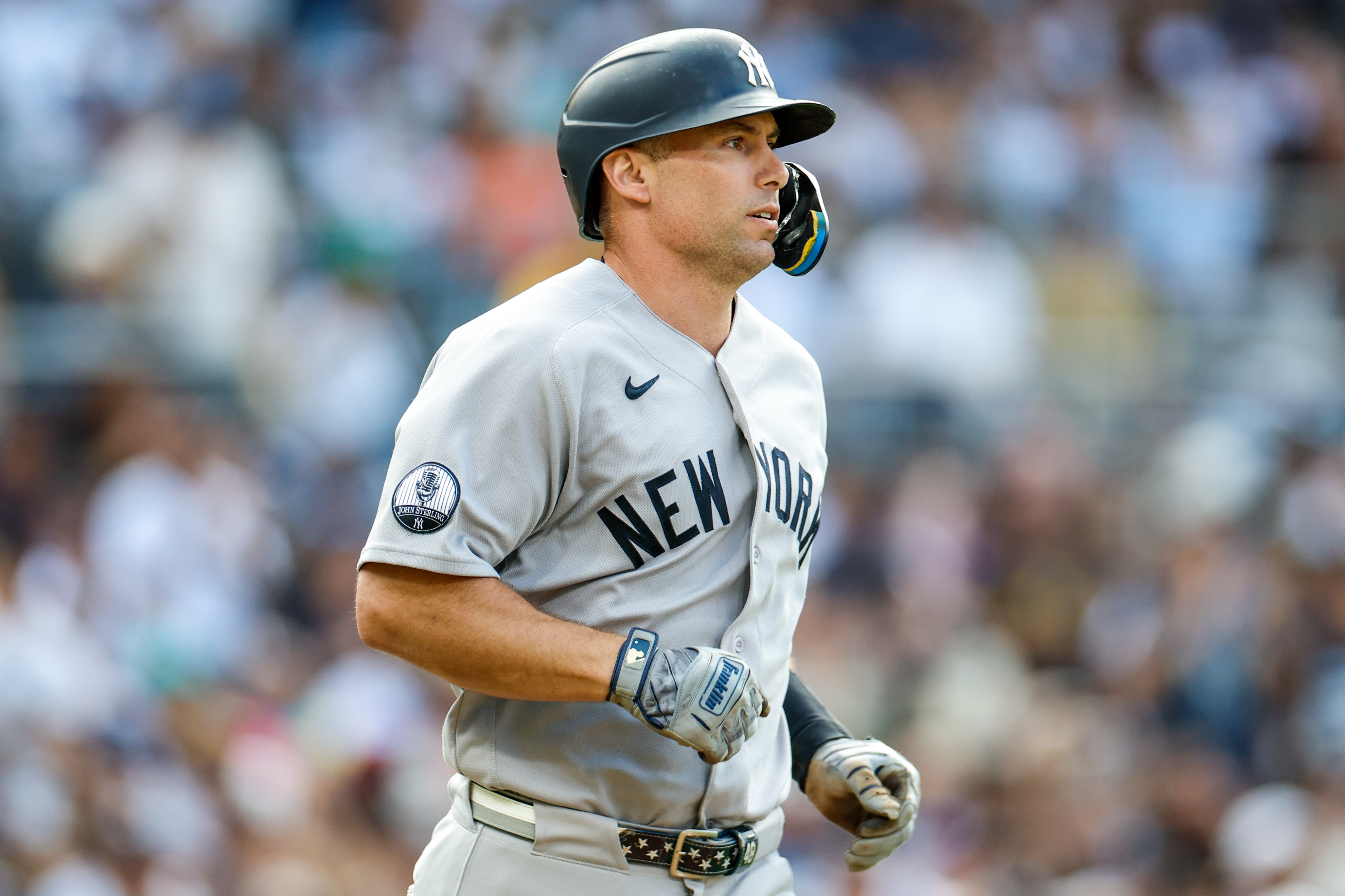 New York Yankees first baseman Paul Goldschmidt (48) walks to first base as he is featured in our Mets vs. Yankees prediction & picks.